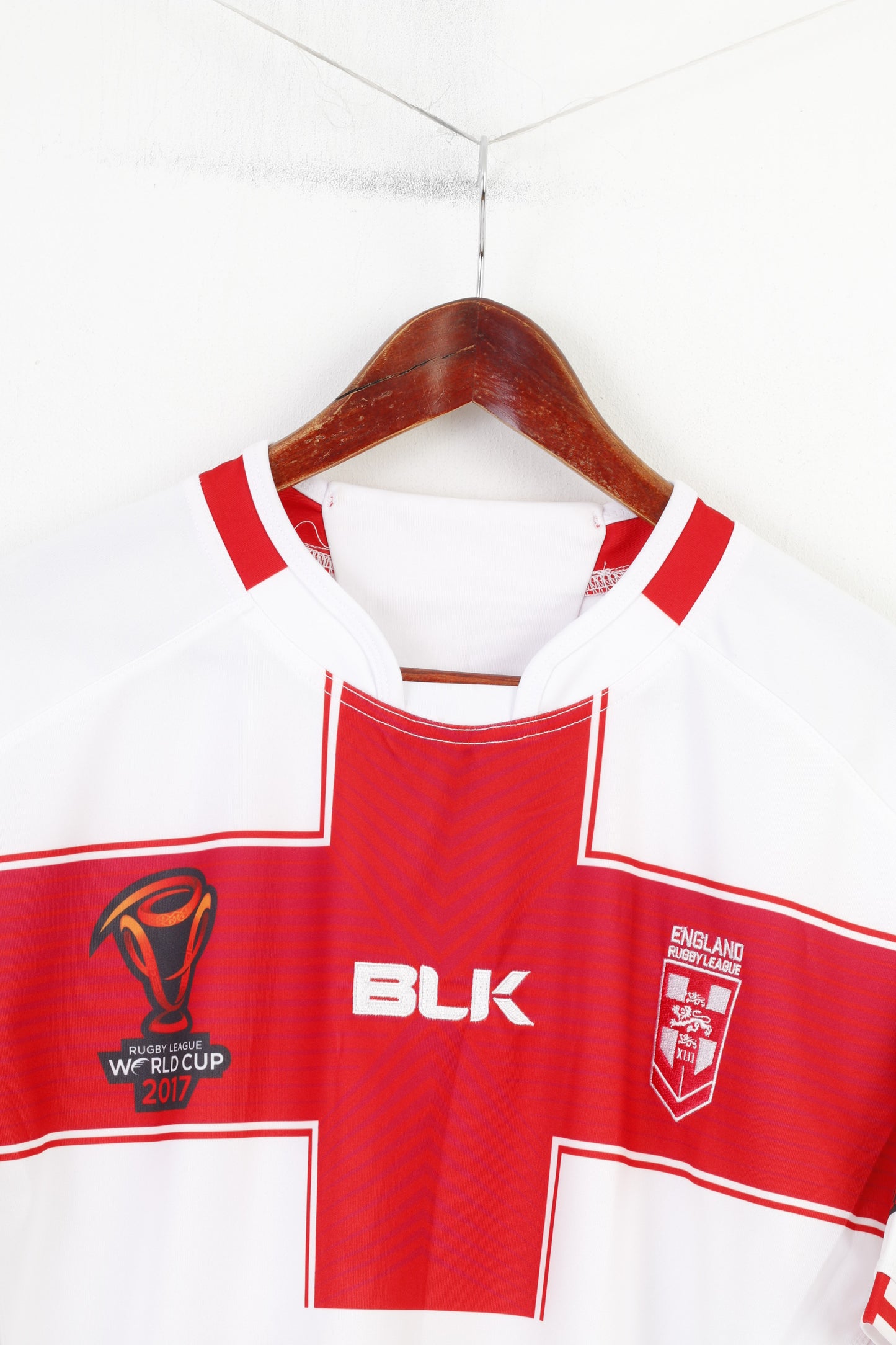 BLK Hommes L Chemise Blanc Coupe du Monde 2017 Jersey Angleterre Rugby League Ras du Cou Vintage Top