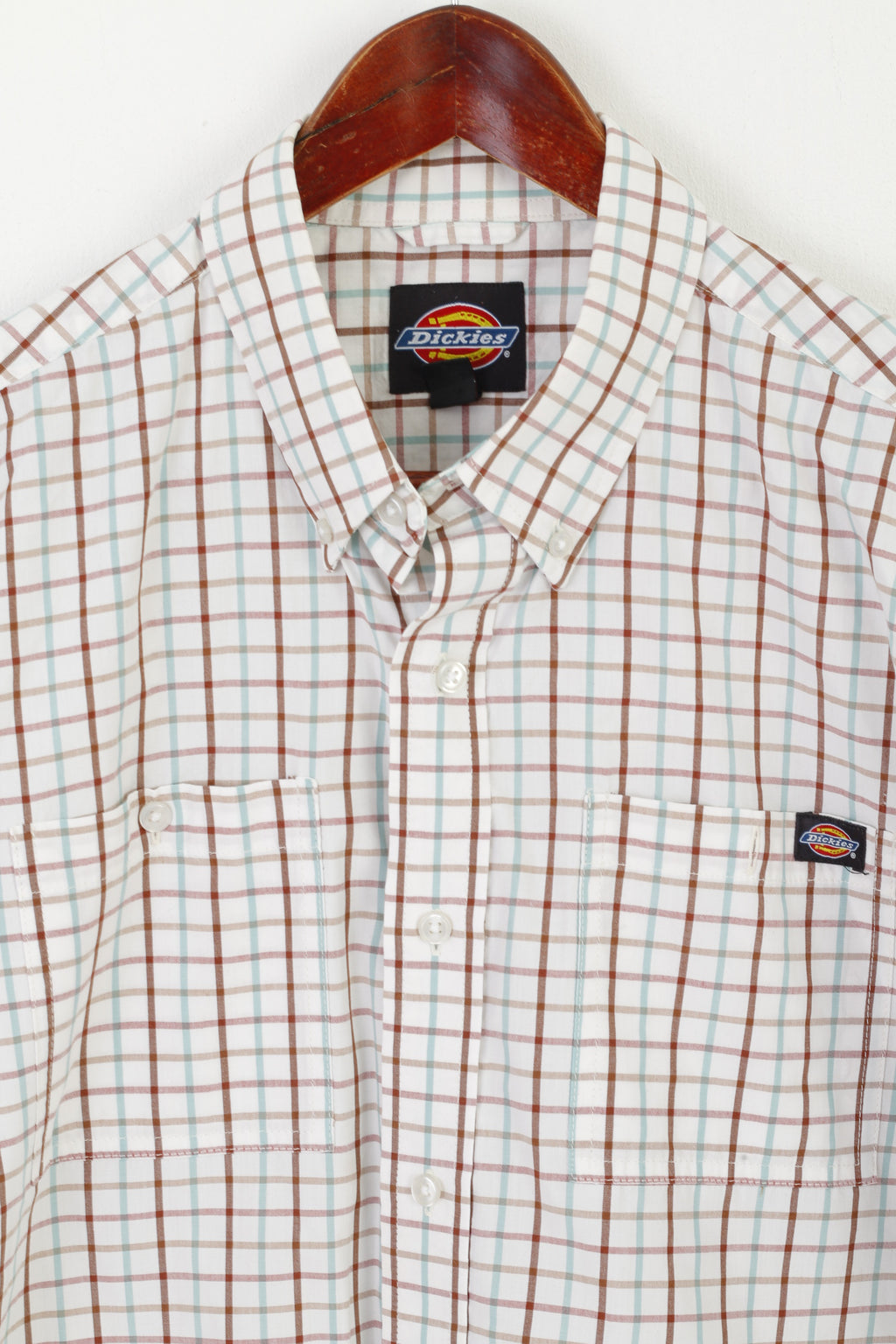 Dickies Men XL Casual Shirt Beige Checkered Cotton Blend Pocket Short Sleeve Top