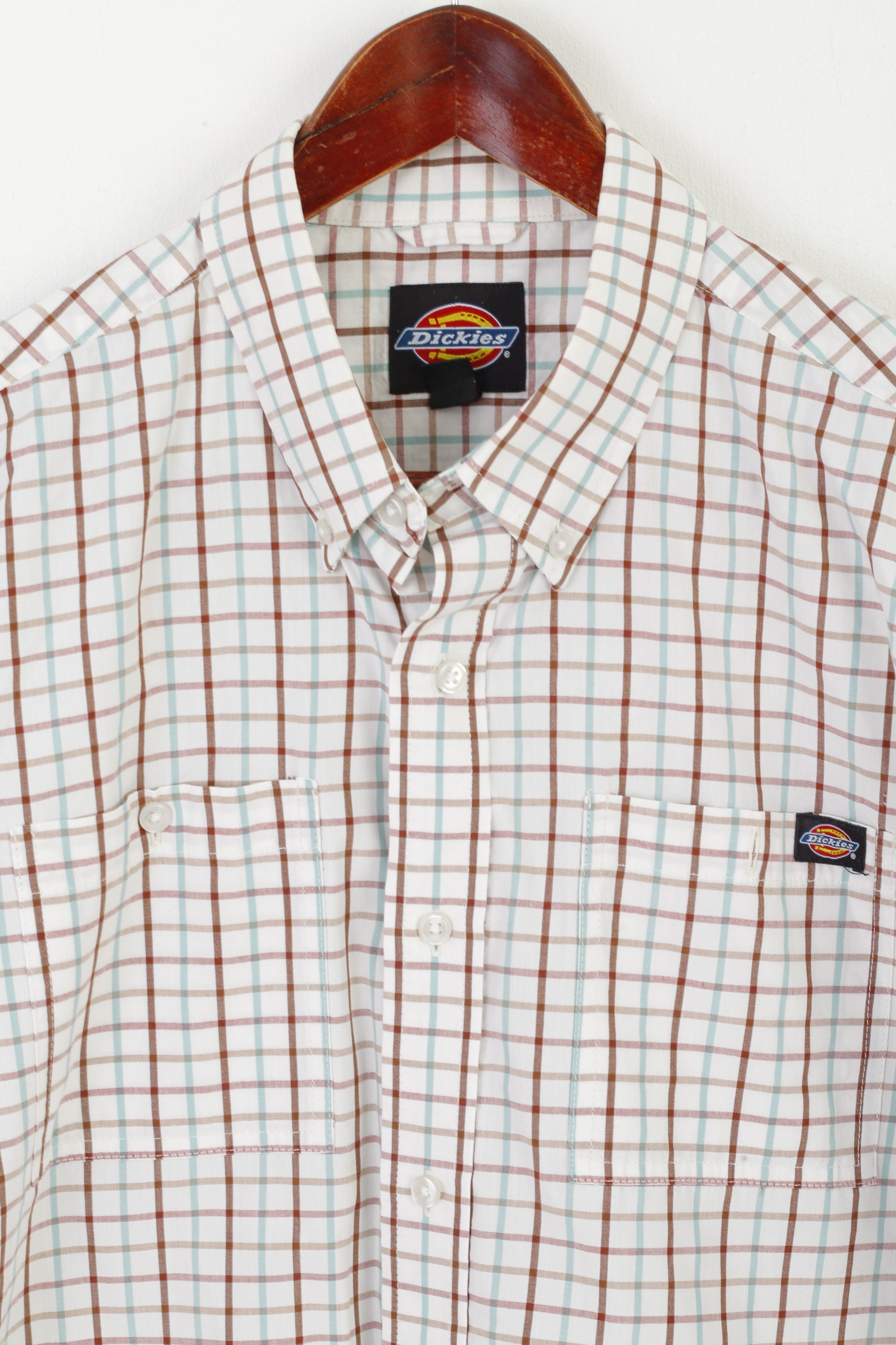 Dickies Men XL Casual Shirt Beige Checkered Cotton Blend Pocket Short Sleeve Top