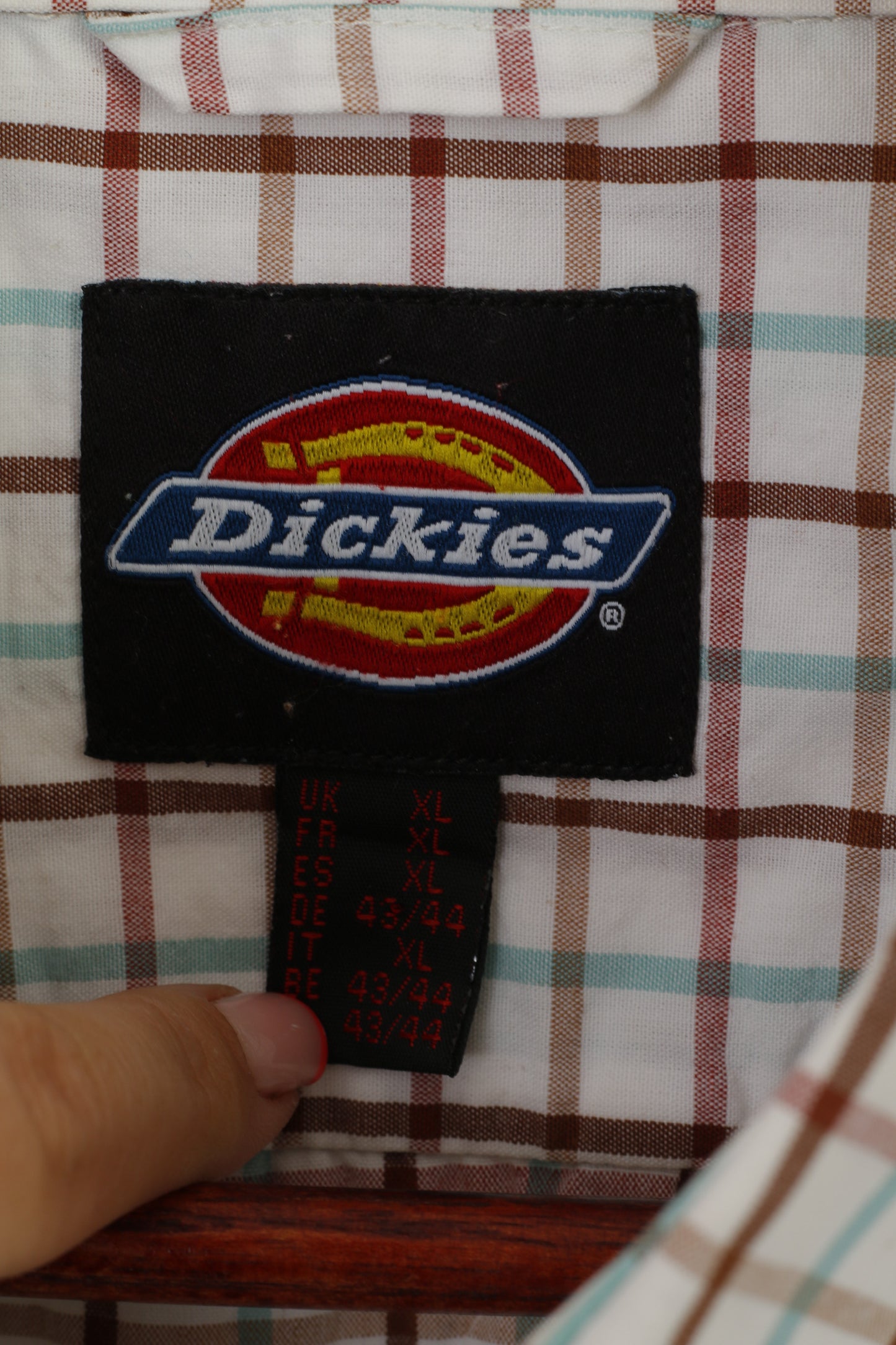 Dickies Men XL Casual Shirt Beige Checkered Cotton Blend Pocket Short Sleeve Top