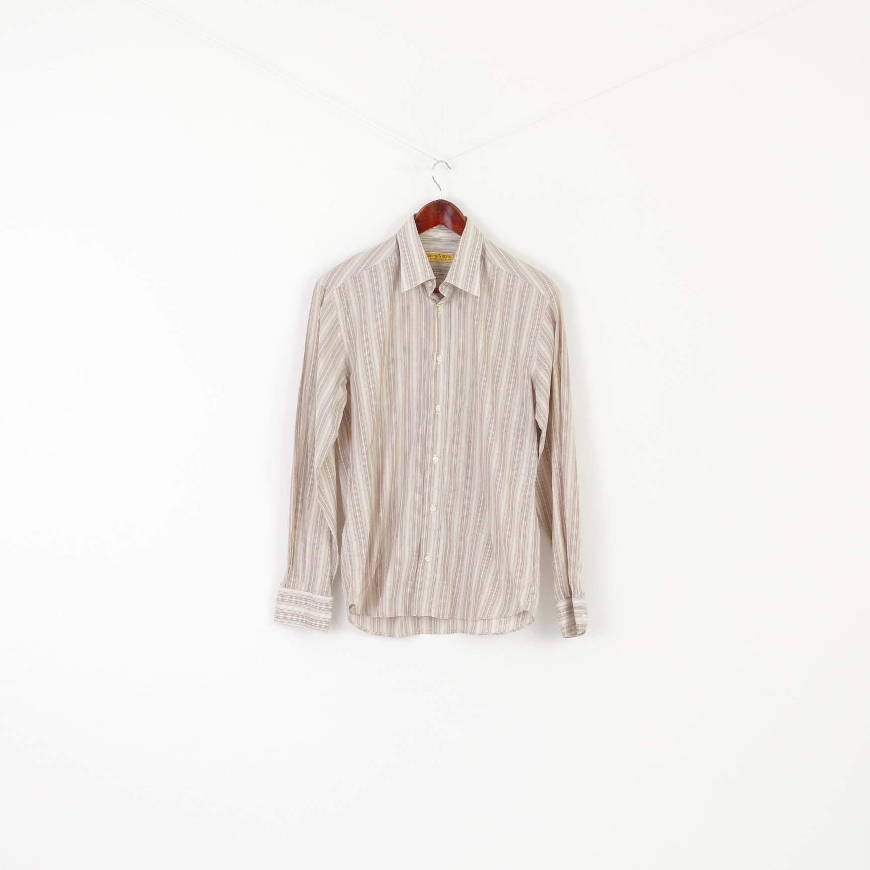 Harry & Sons Men M Casual Shirt Brown Striped Cotton Made in Italy Long Sleeve Top