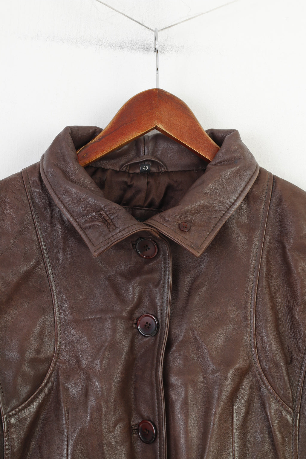 Aleksander Of Norvège Femmes 40 M Manteau Veste En Cuir Marron Foncé Simple Boutonnage Vintage Col Haut 