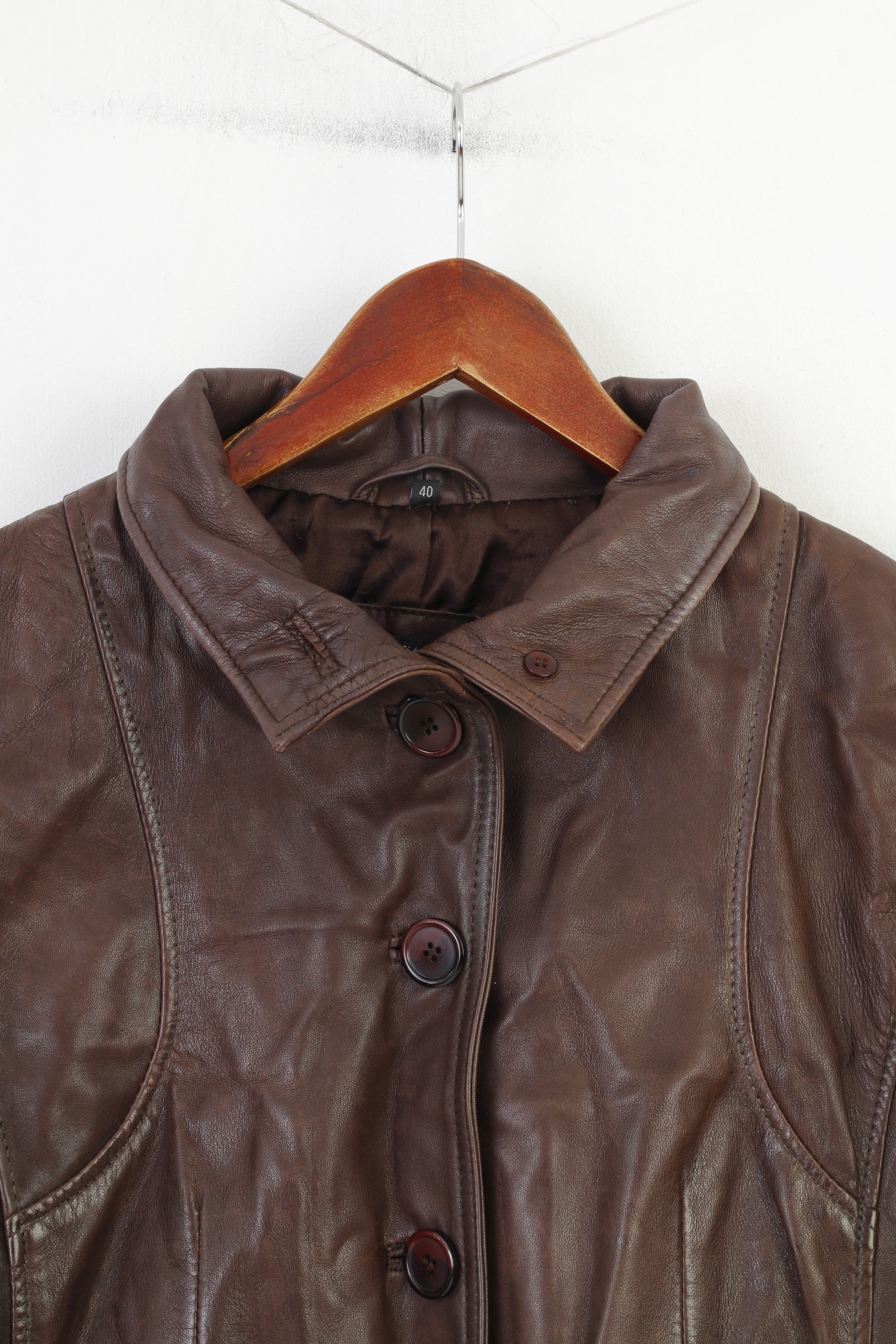 Aleksander Of Norway Women 40 M Coat Jacket Dark Brown Leather Single Breasted Vintage Collar Top