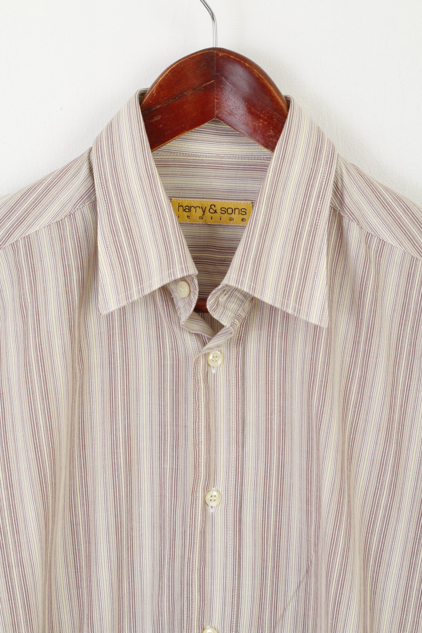 Harry & Sons Men M Casual Shirt Brown Striped Cotton Made in Italy Long Sleeve Top