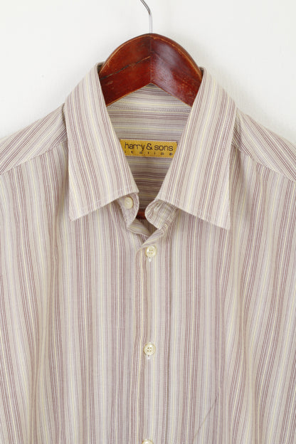 Harry &amp; Sons Camicia casual da uomo M Top a maniche lunghe in cotone a righe marrone Made in Italy