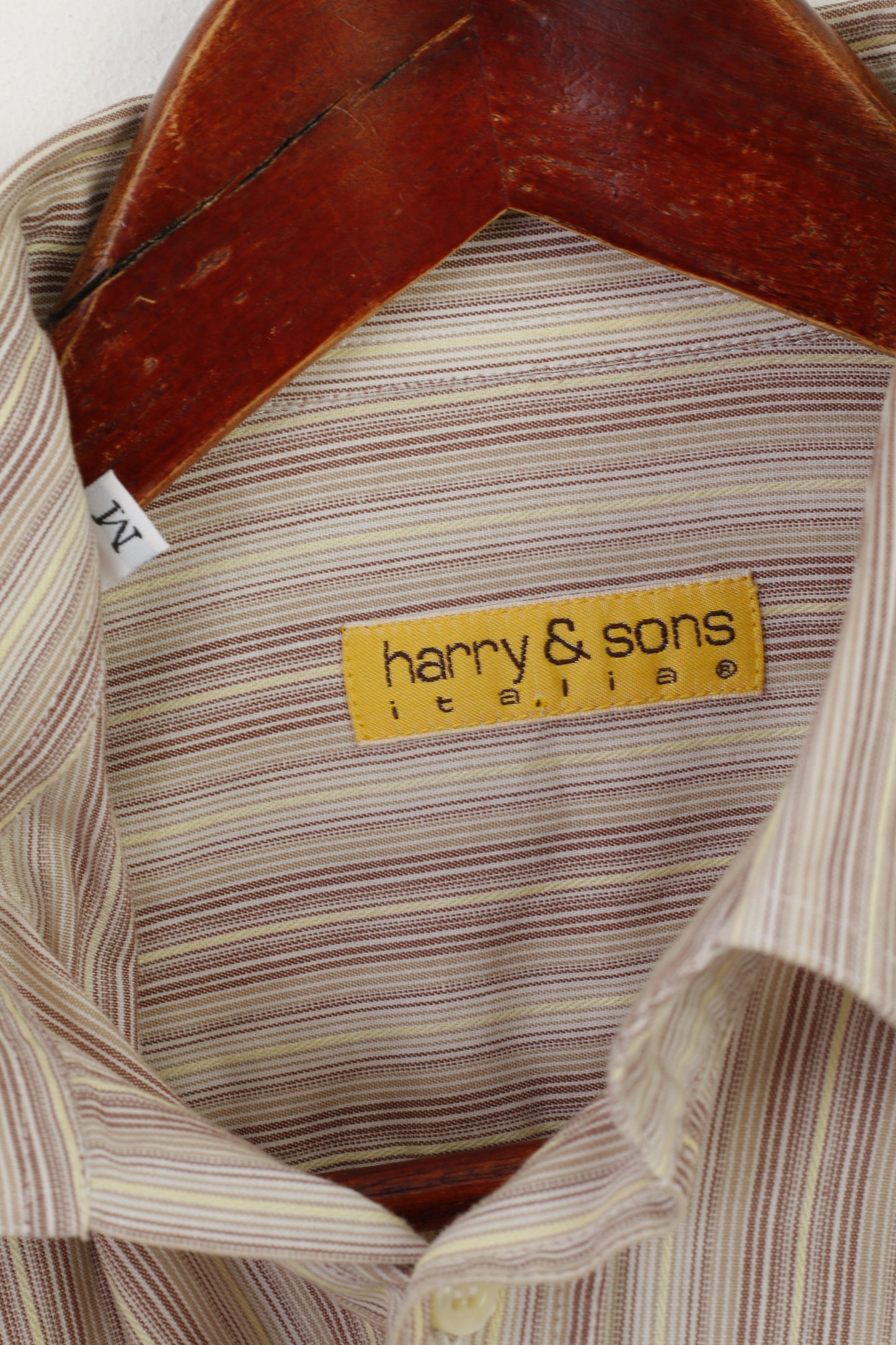 Harry & Sons Men M Casual Shirt Brown Striped Cotton Made in Italy Long Sleeve Top