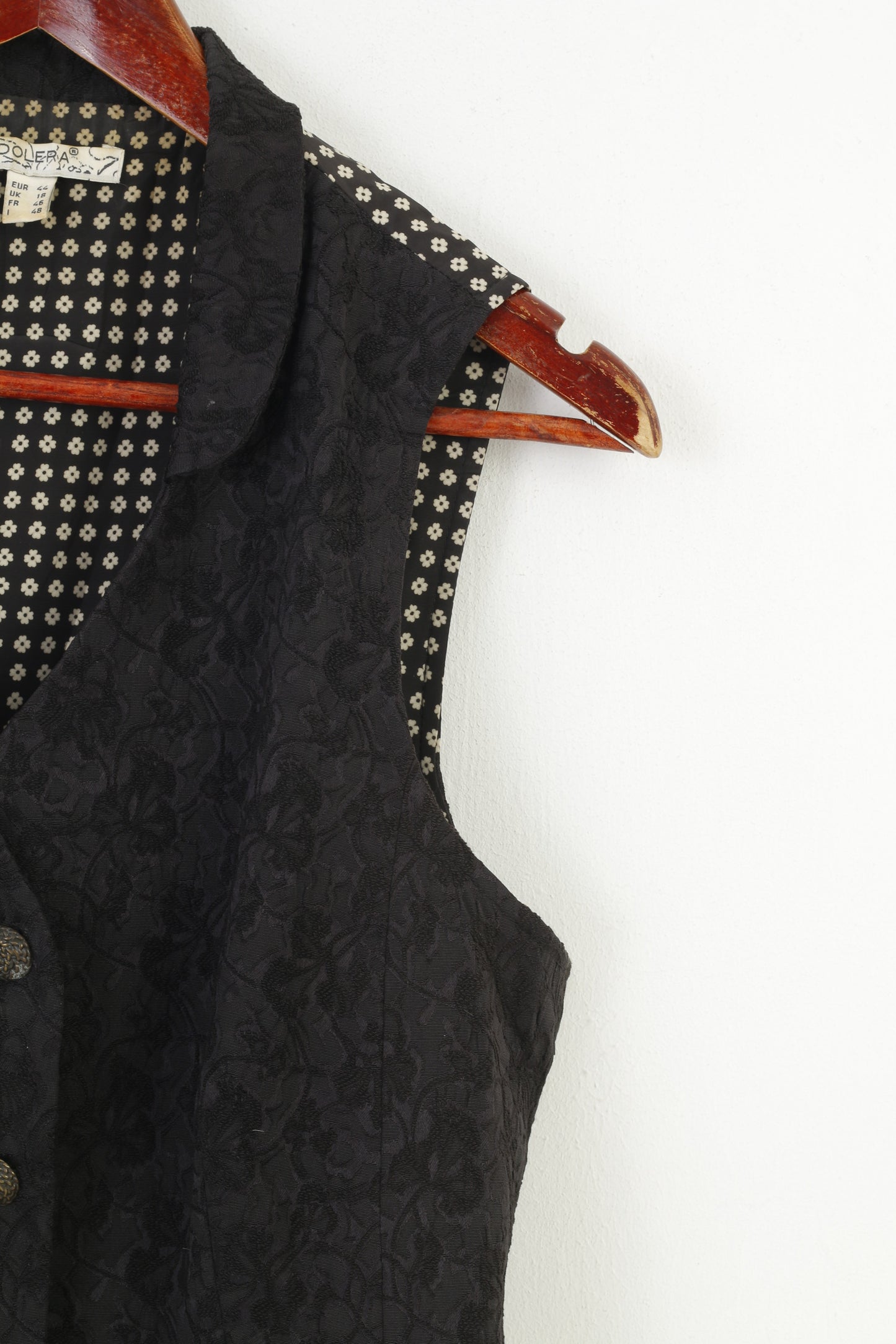 Bandolera Women 44 XL Vest Double Breasted Cotton Flower Print Black Sleevelees Embroidery Vintage Top