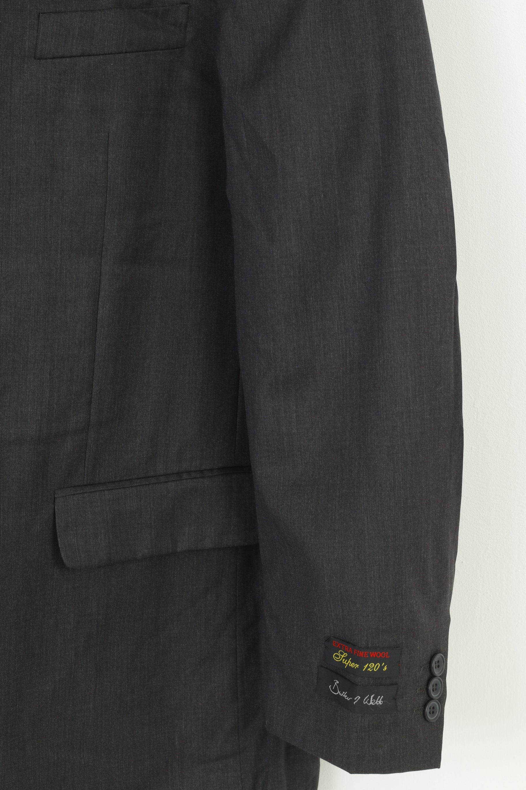 Butler & Webb Men 44 Blazer Grey  Wool Super 120' Single Breasted Vintage Classic Jacket