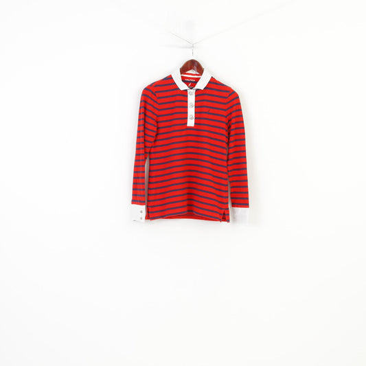 Nautica Women M Polo Shirt Red Striped Marine Cotton Long Sleeve Stretch Collar Vintage Top