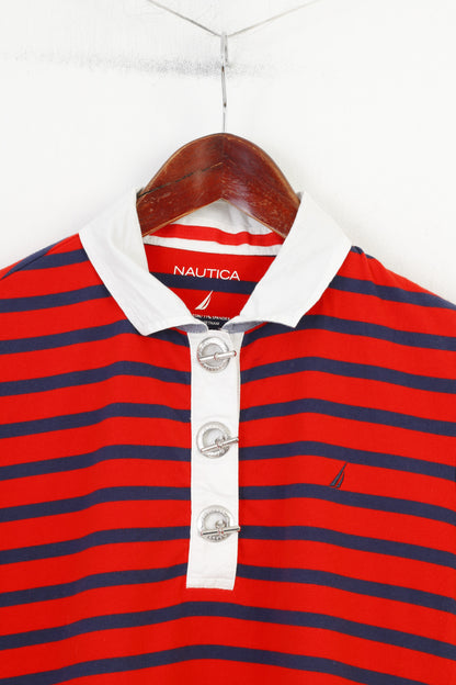 Nautica Women M Polo Shirt Red Striped Marine Cotton Long Sleeve Stretch Collar Vintage Top