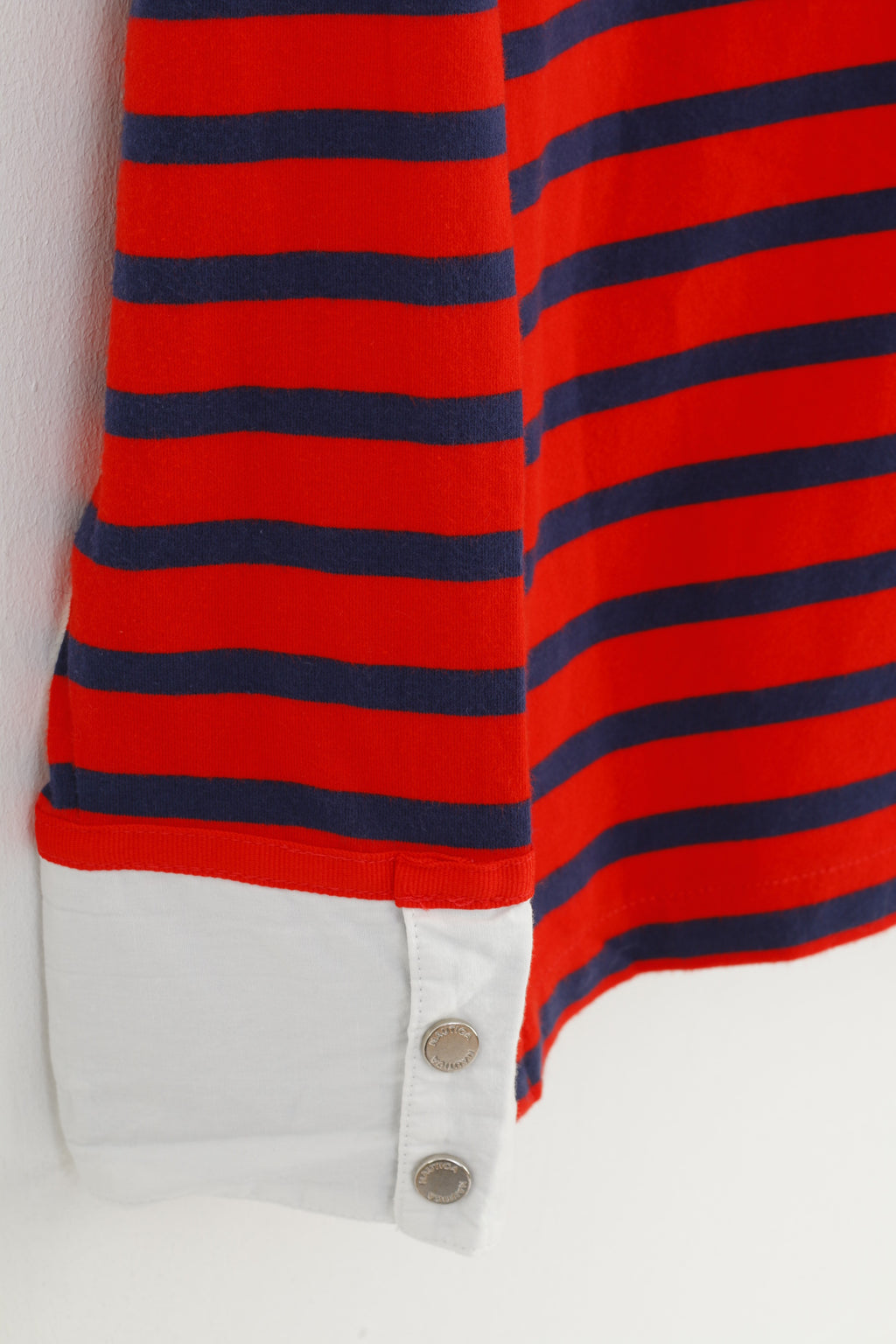 Nautica Women M Polo Shirt Red Striped Marine Cotton Long Sleeve Stretch Collar Vintage Top