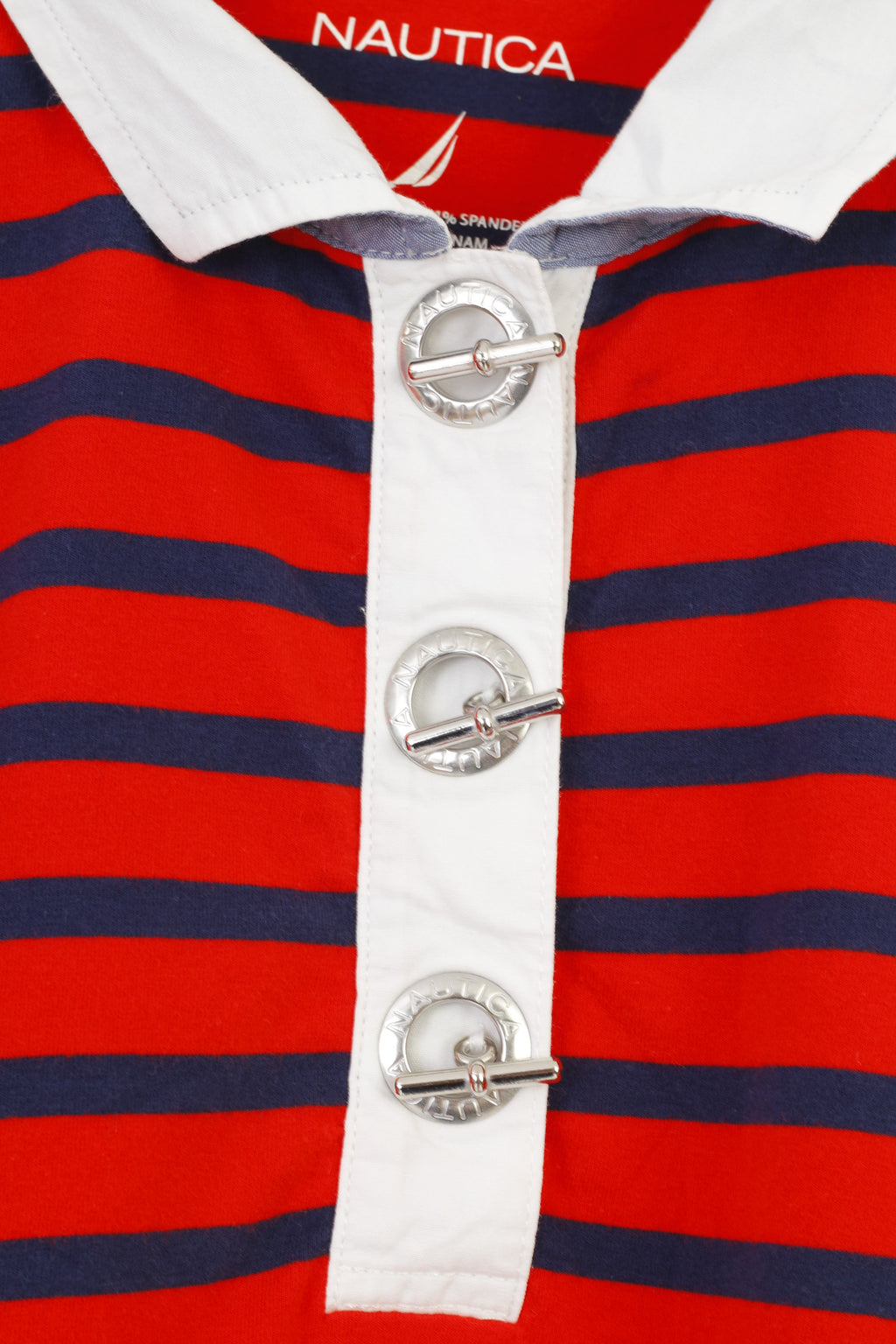 Nautica Women M Polo Shirt Red Striped Marine Cotton Long Sleeve Stretch Collar Vintage Top