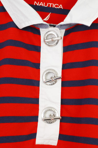 Polo Nautica da donna M Polo vintage a righe rosse in cotone marino a maniche lunghe con colletto elasticizzato 
