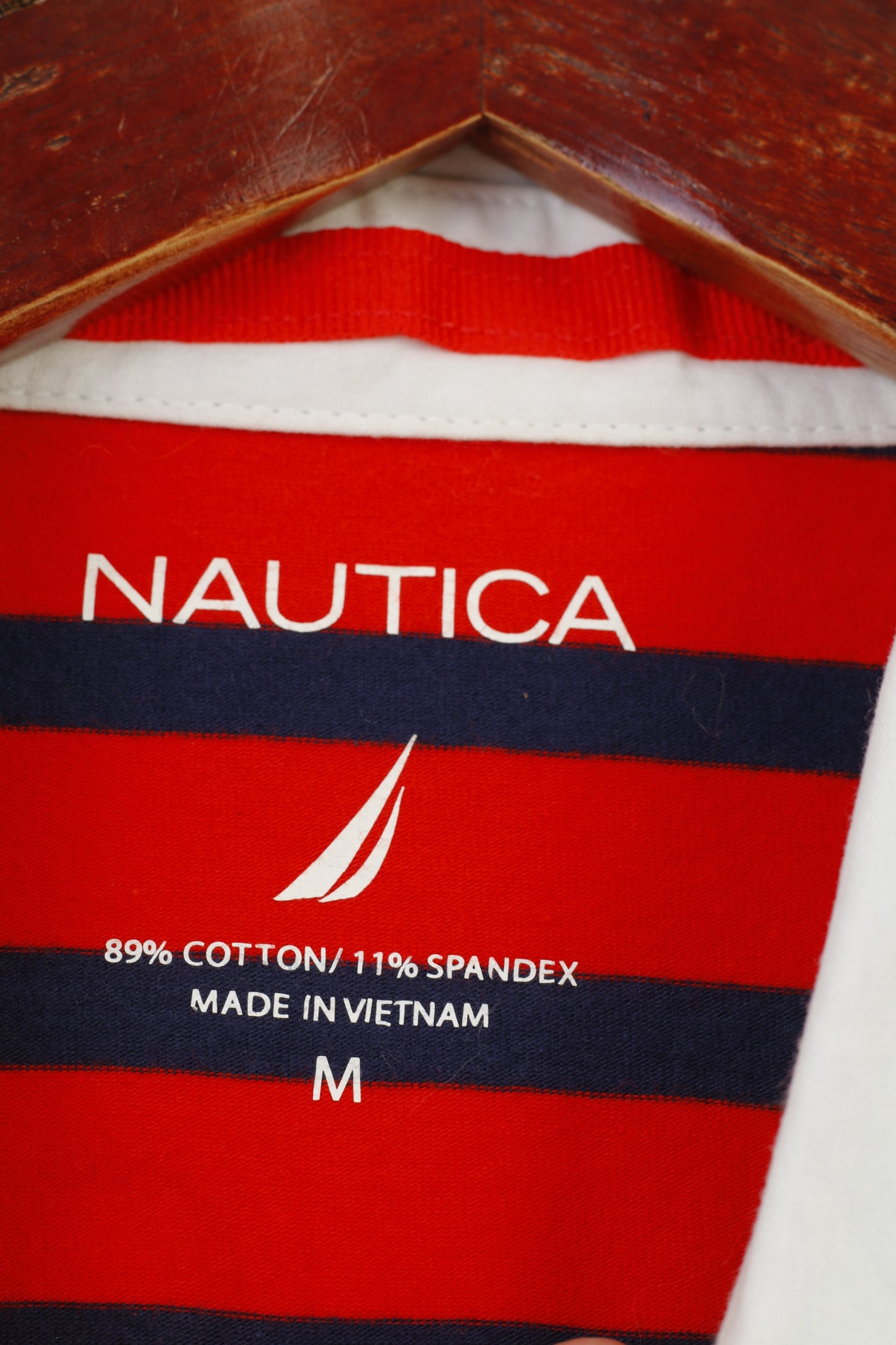Nautica Femme M Polo Rouge Rayé Marine Coton Manches Longues Col Stretch Haut Vintage 