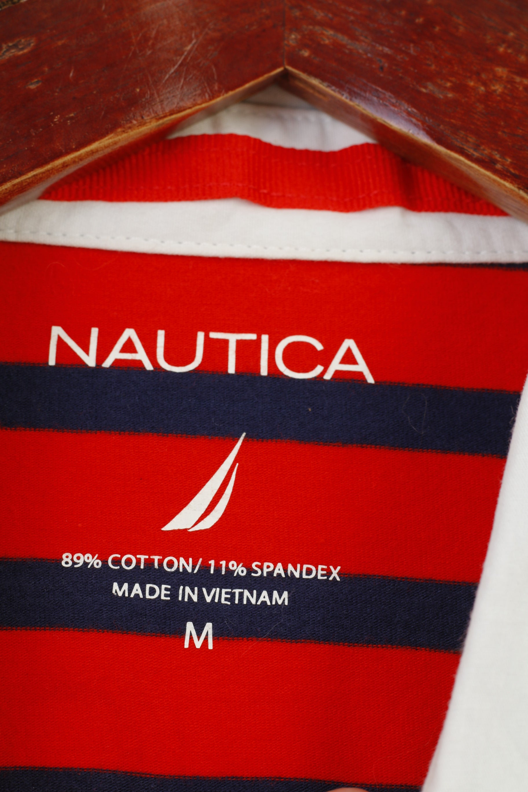 Nautica Women M Polo Shirt Red Striped Marine Cotton Long Sleeve Stretch Collar Vintage Top