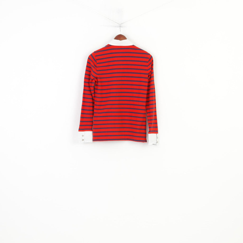 Nautica Women M Polo Shirt Red Striped Marine Cotton Long Sleeve Stretch Collar Vintage Top