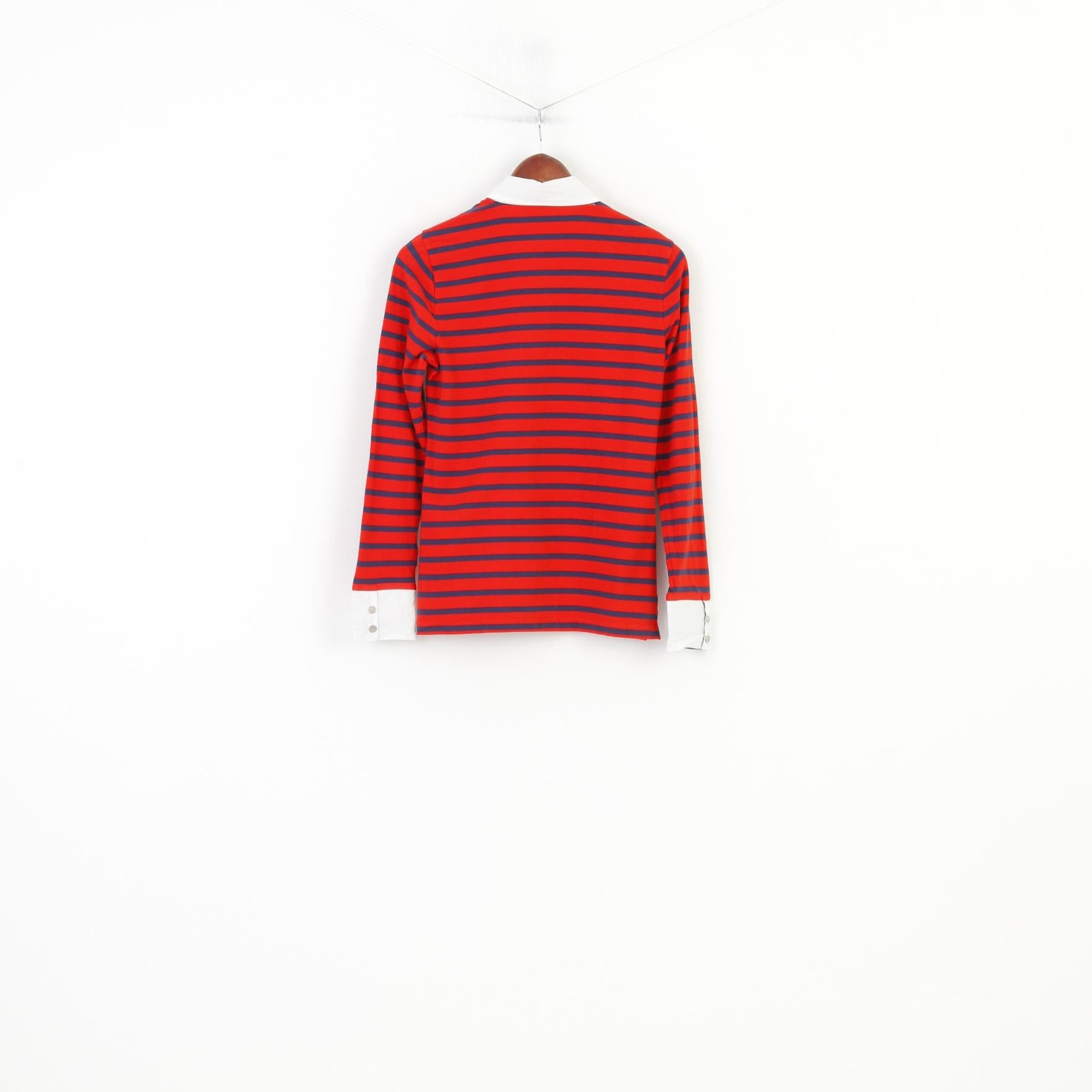 Nautica Women M Polo Shirt Red Striped Marine Cotton Long Sleeve Stretch Collar Vintage Top