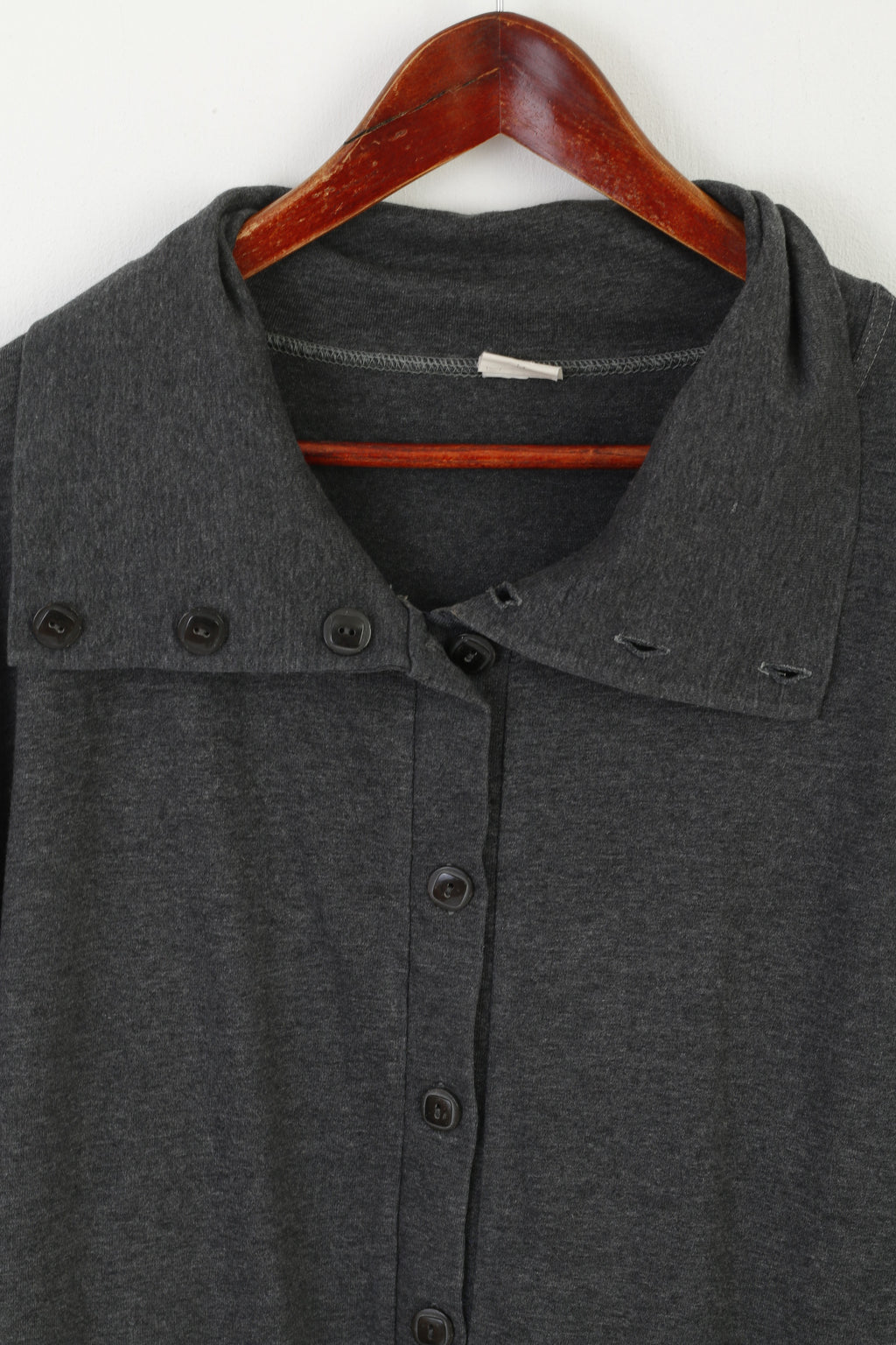 Vintage Women M Polo Shirt Gray Cotton Long Buttoned Embroidered Long Sleeve Top