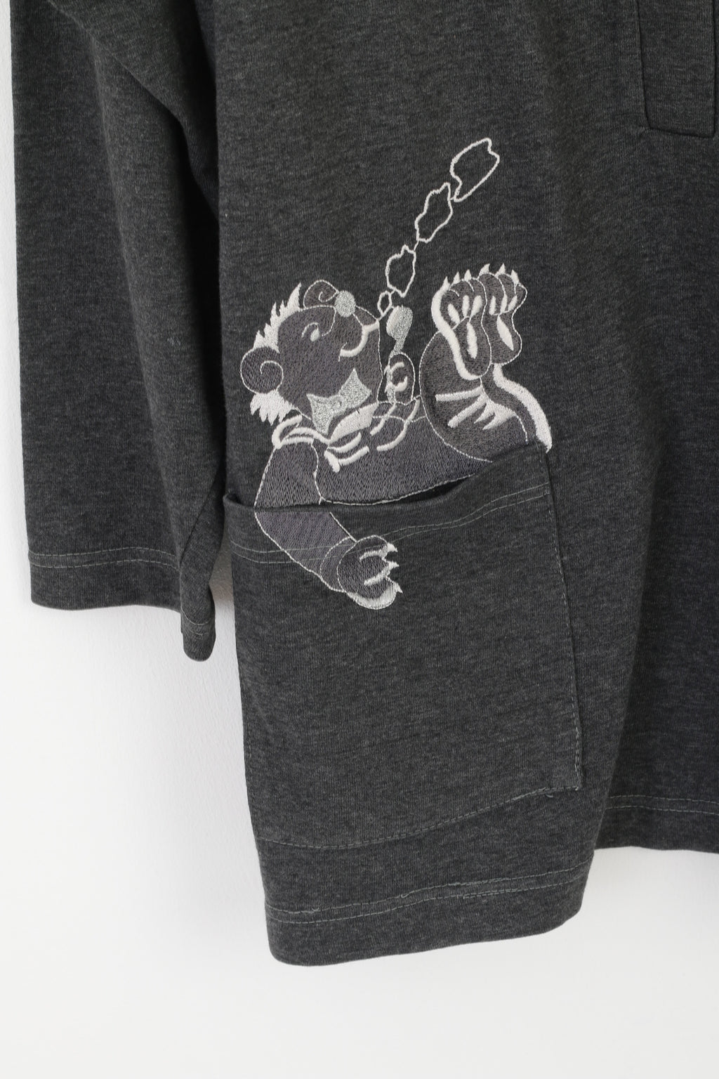 Vintage Women M Polo Shirt Gray Cotton Long Buttoned Embroidered Long Sleeve Top