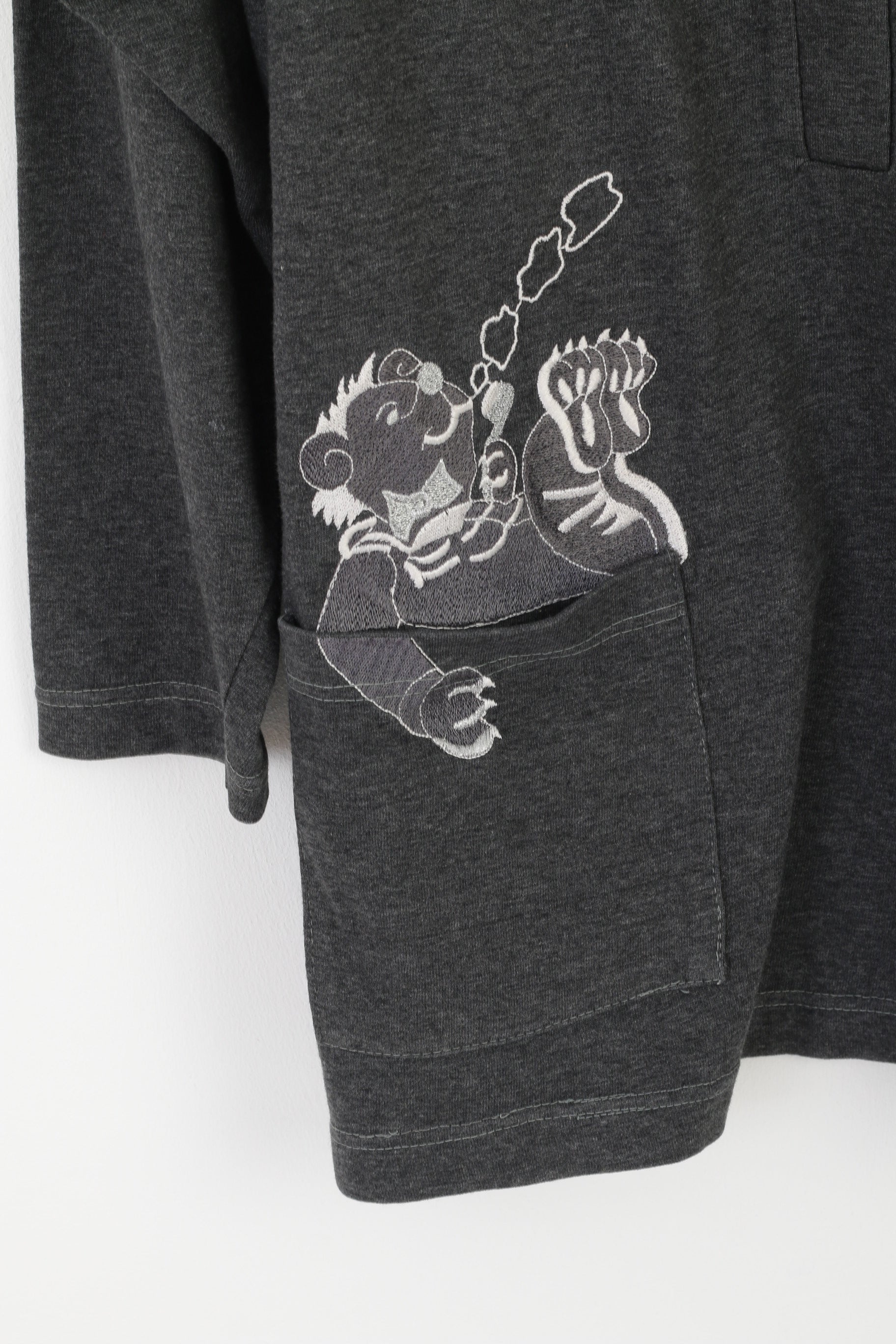 Vintage Femmes M Polo Gris Coton Long Boutonné Brodé Haut À Manches Longues