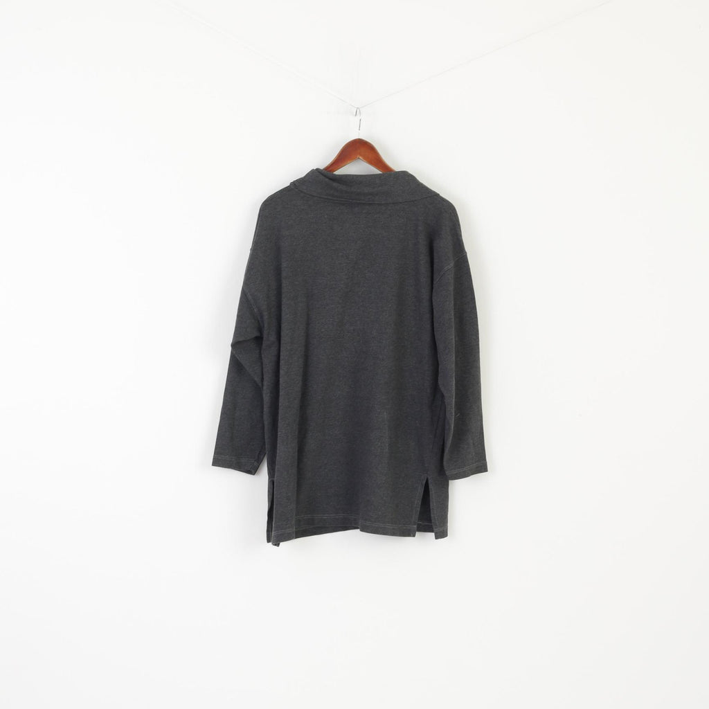 Vintage Women M Polo Shirt Gray Cotton Long Buttoned Embroidered Long Sleeve Top