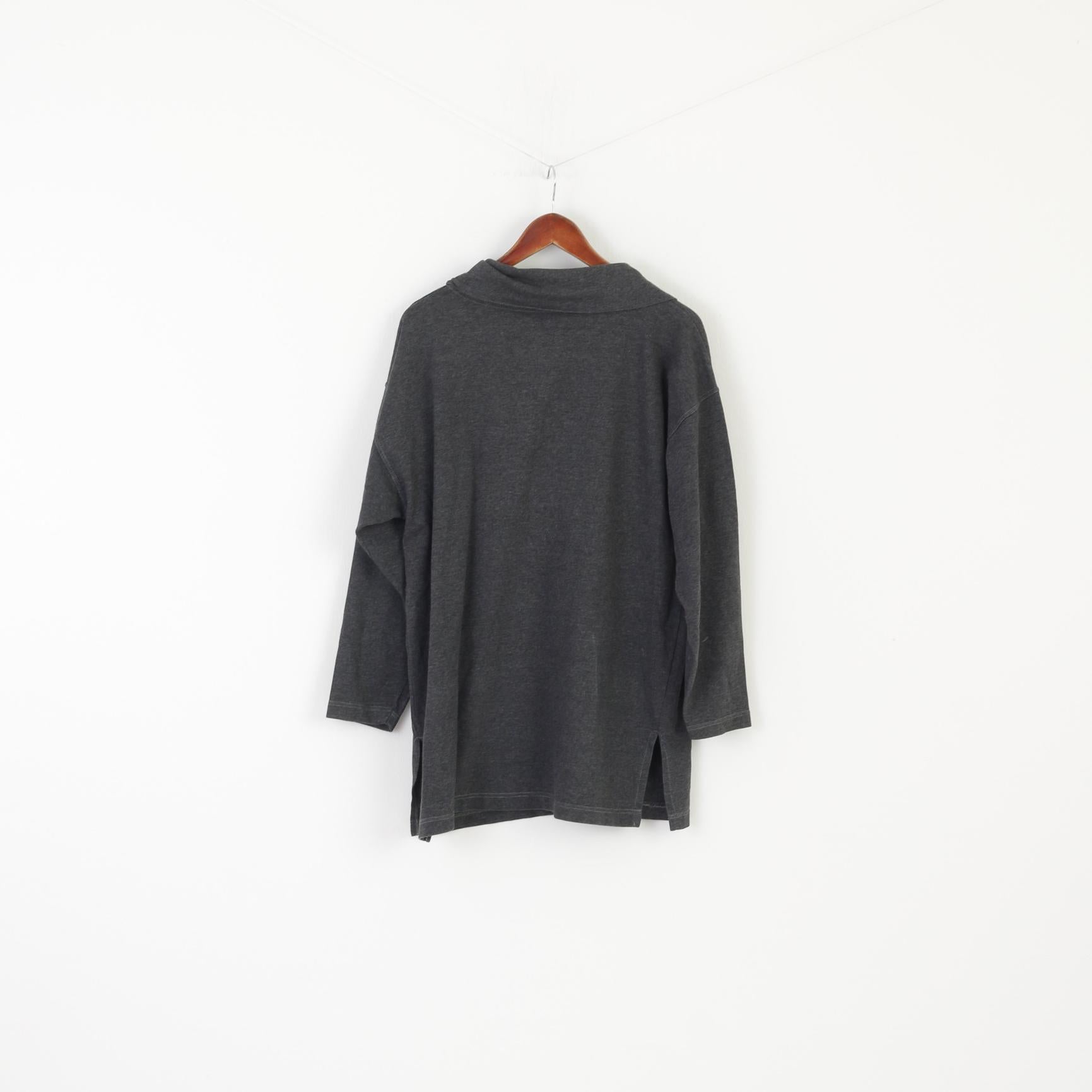 Vintage Femmes M Polo Gris Coton Long Boutonné Brodé Haut À Manches Longues