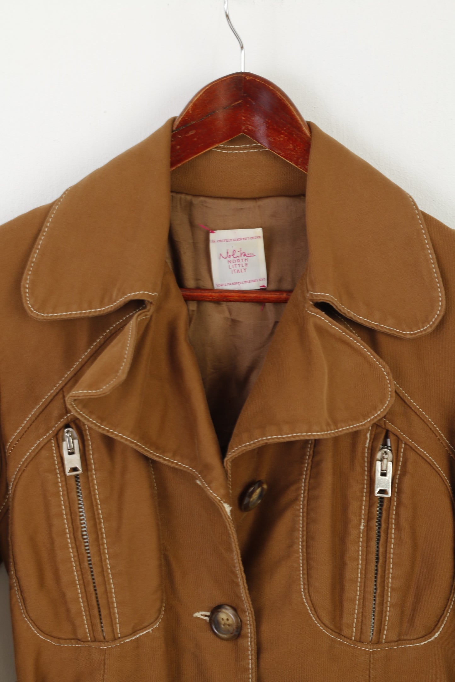 Nolita North Little Italy Women 42 S Coat Brown Cotton Trench Belted Multi Pocket Top