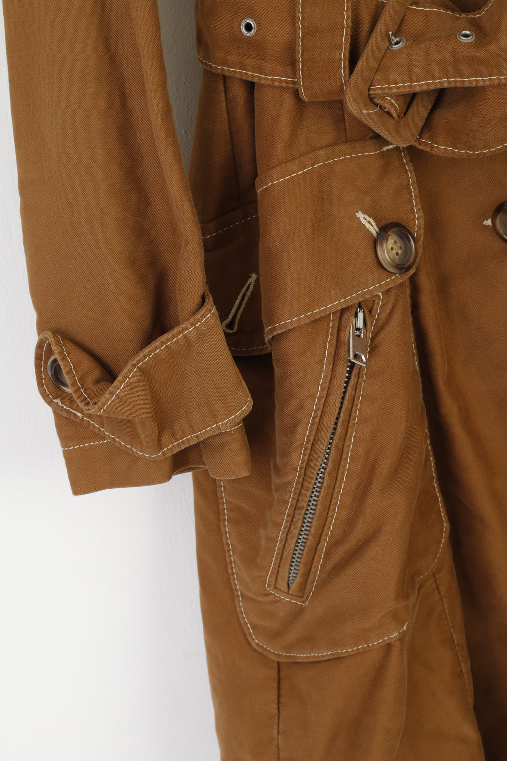 Nolita North Little Italy Women 42 S Coat Brown Cotton Trench Belted Multi Pocket Top
