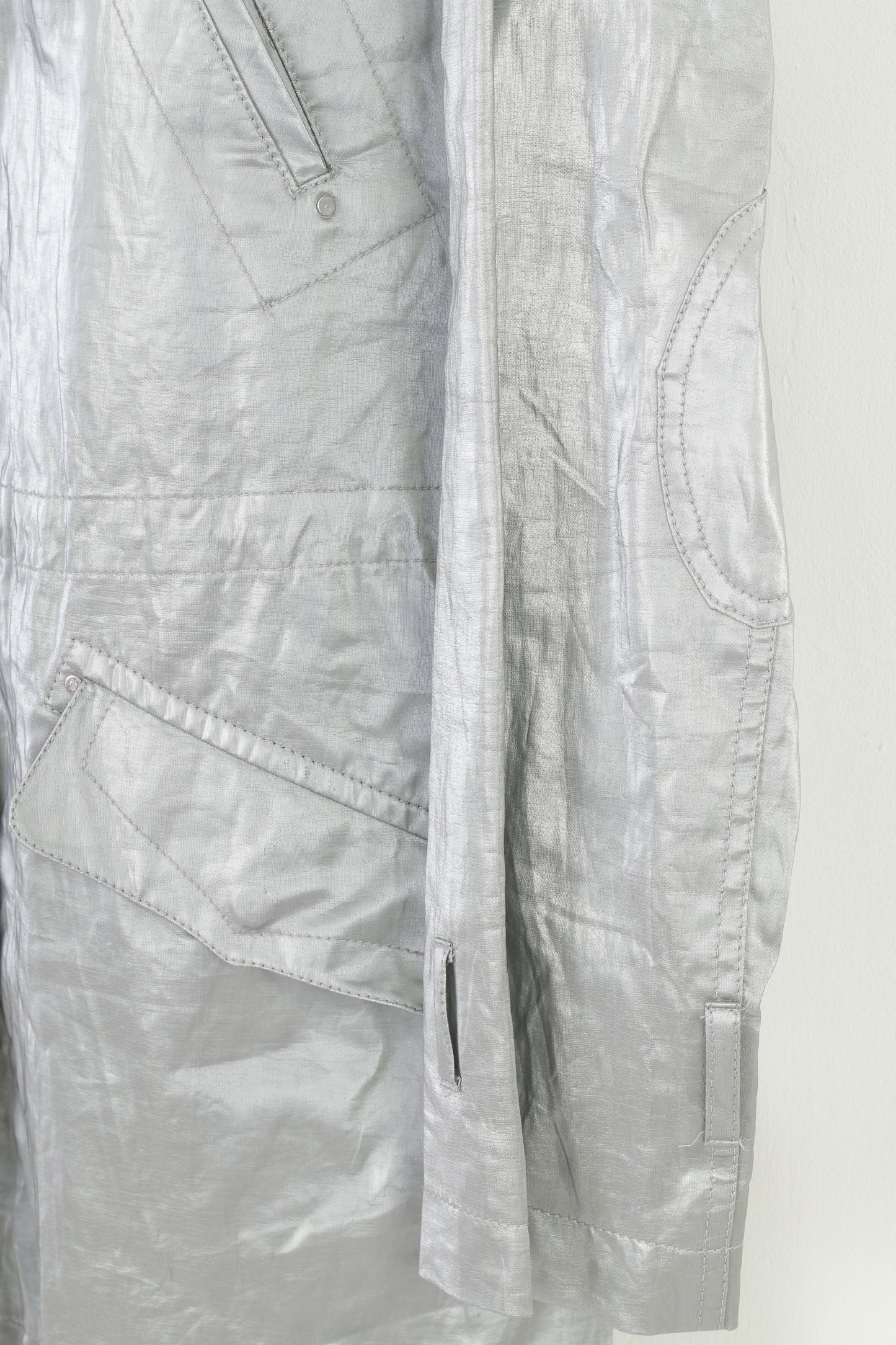 Hucke Berlin Women 16 XL Lightweight Jacket Silver Shiny Full Zipper Patches Vintage Snap Bottoms Pockets Top