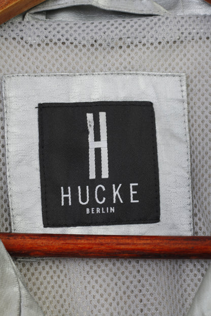 Hucke Berlin Giacca leggera da donna 16 XL Argento lucido Toppe con cerniera intera Bottoni a pressione vintage Tasche superiori 