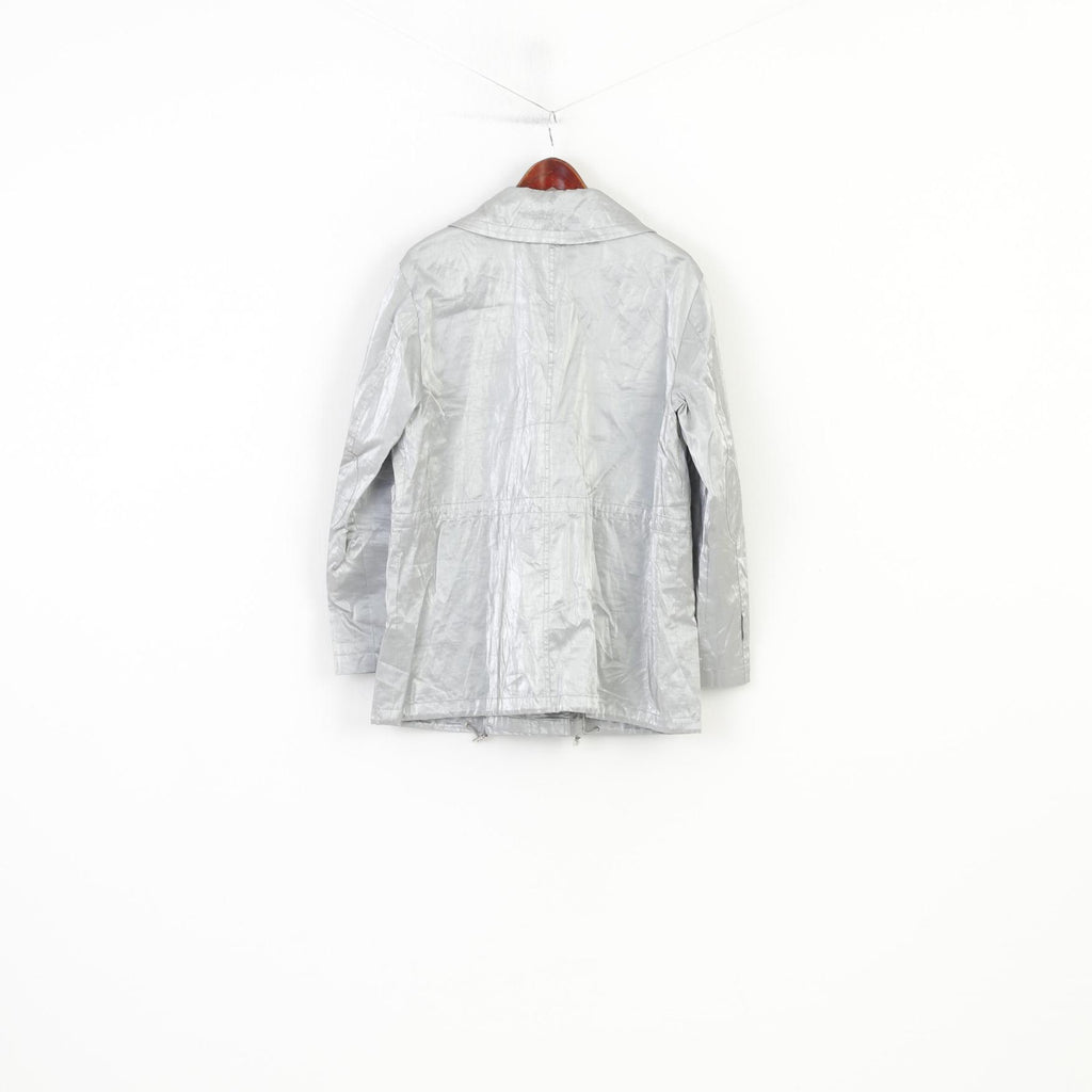 Hucke Berlin Femmes 16 XL Veste Légère Argent Brillant Pleine Fermeture Éclair Patchs Vintage Snap Bottoms Poches Top 