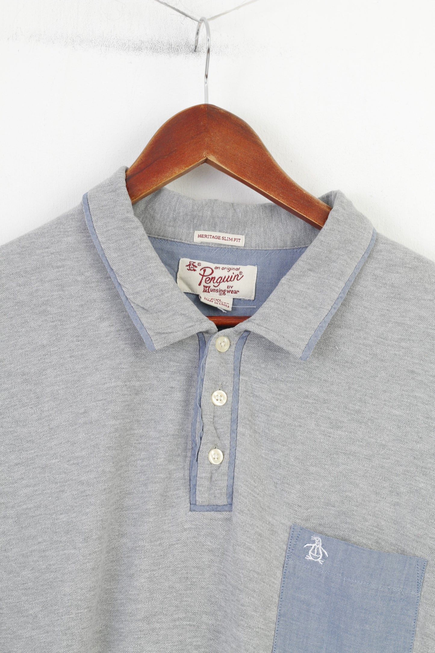 Original Penguin Polo XXL Homme Gris Coton Heritage Slim Fit Col Bas Vintage Top