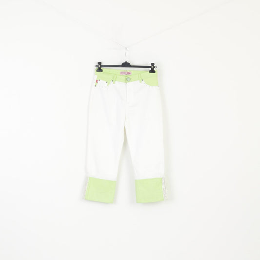 CRO Jeans Women 33 Cropped Trousers Cream Green Cotton Lycra Crocodile Capri Pants