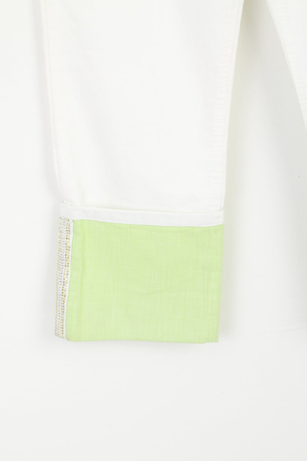 CRO Jeans Femme 33 Pantalon Court Crème Vert Coton Lycra Crocodile Capri Pantalon