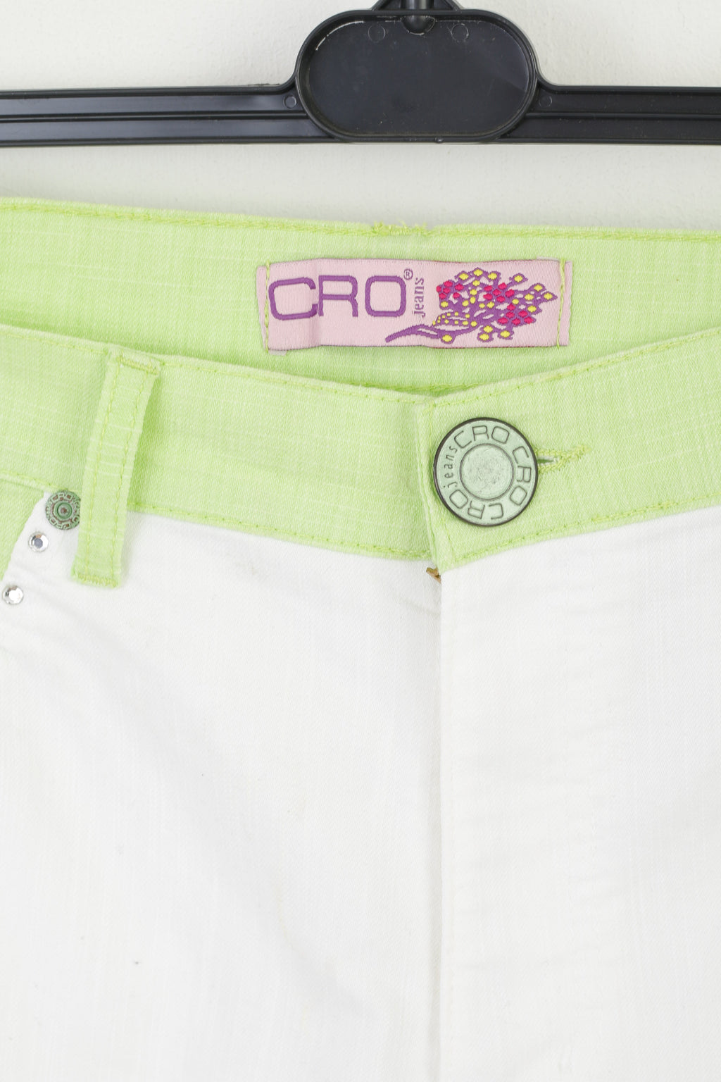CRO Jeans Femme 33 Pantalon Court Crème Vert Coton Lycra Crocodile Capri Pantalon
