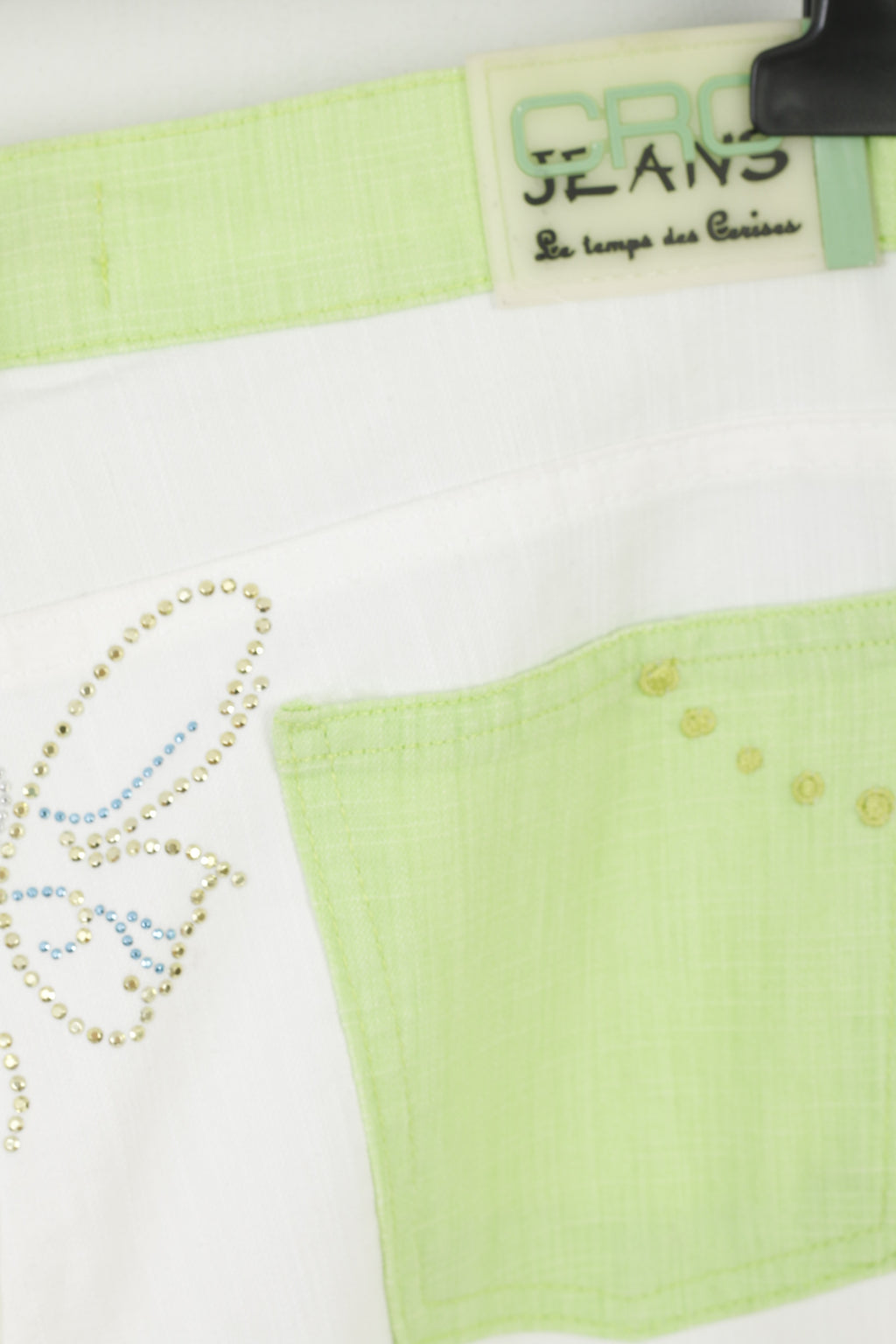 CRO Jeans Femme 33 Pantalon Court Crème Vert Coton Lycra Crocodile Capri Pantalon