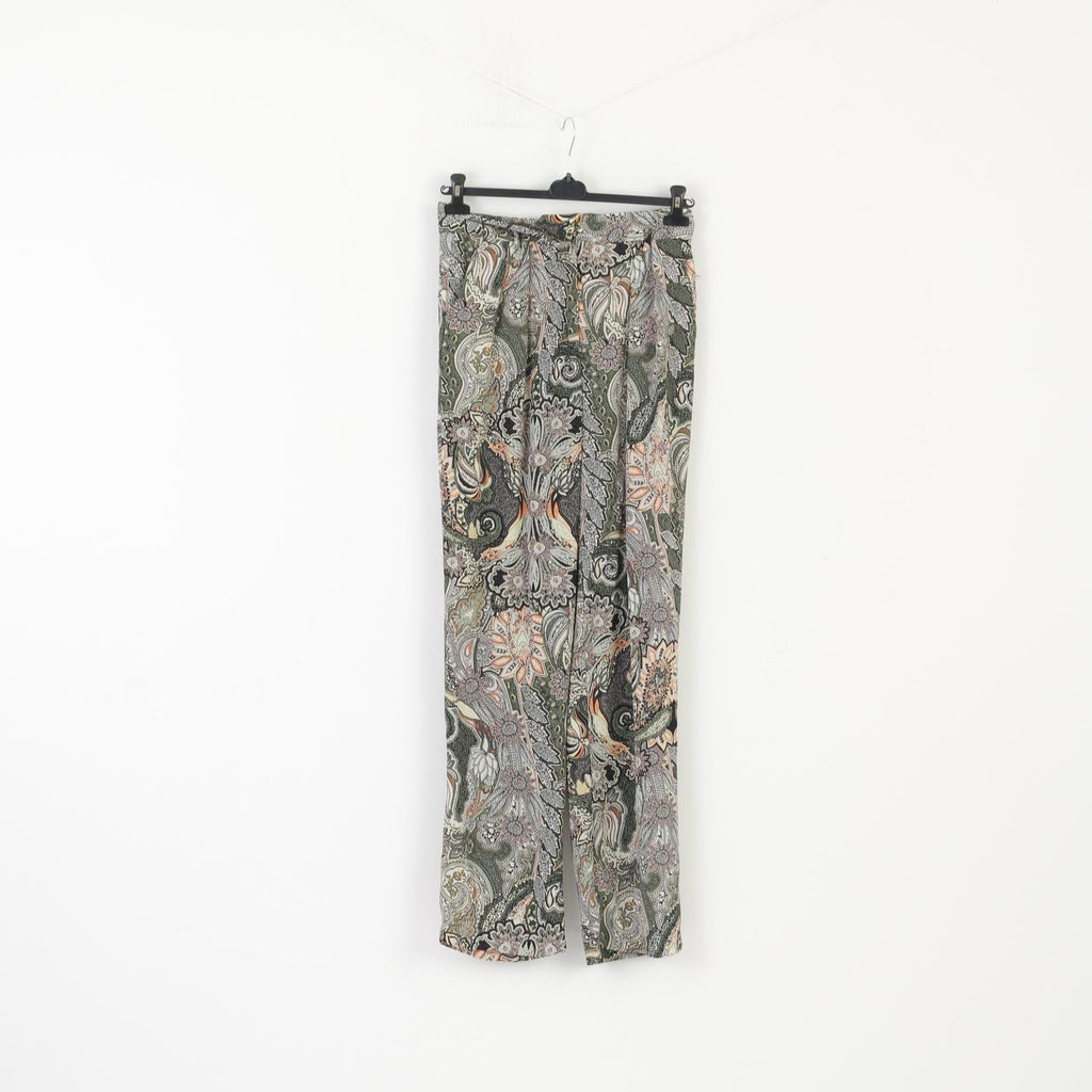 Zara Basic Women M Trousers Green Floral Printed Belted Wide Leg Long Pants