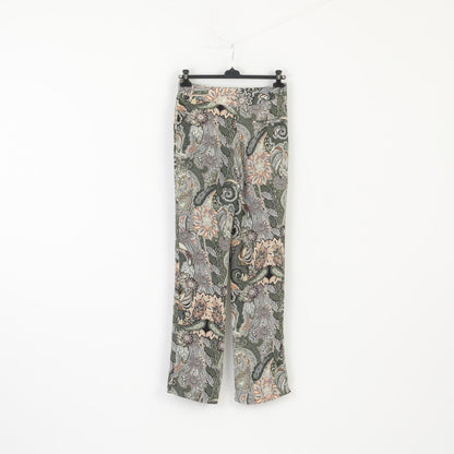 Zara Basic Women M Trousers Green Floral Printed Belted Wide Leg Long Pants