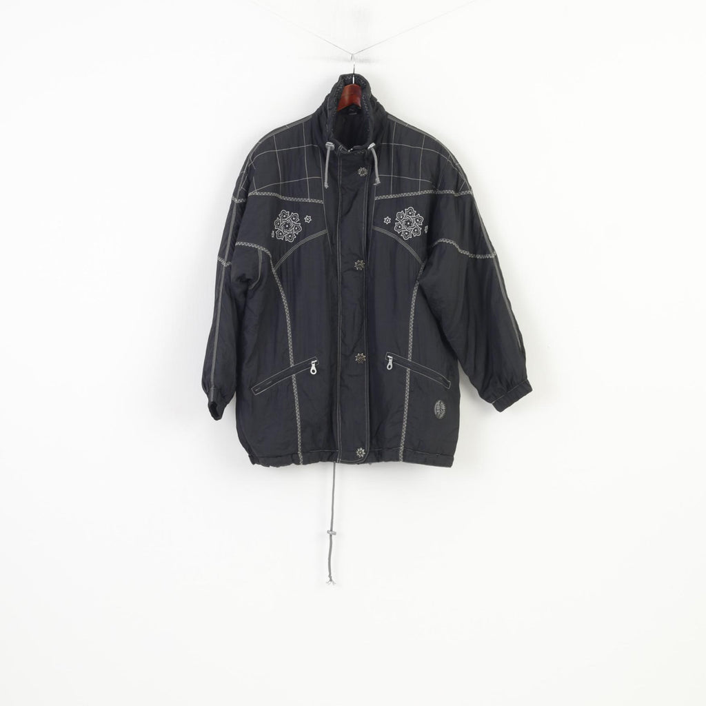 Vintage Women XL Jacket Black Shoulder Pads Full Zipper Nylon Waterproof Padded Vintage Embroidery Top 