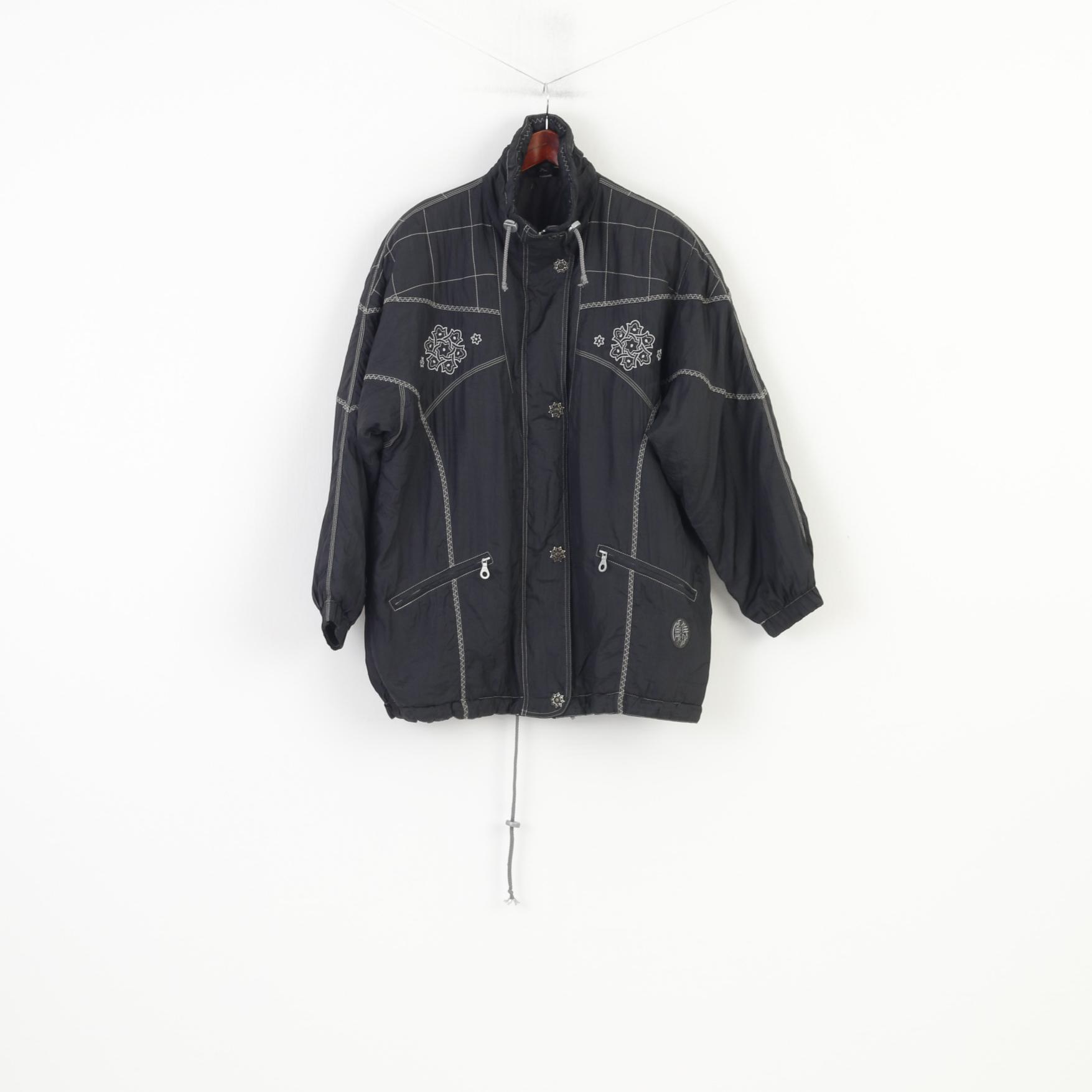 Vintage Women XL Jacket Black Shoulder Pads Full Zipper Nylon Waterproof Padded Vintage Embroidery Top 