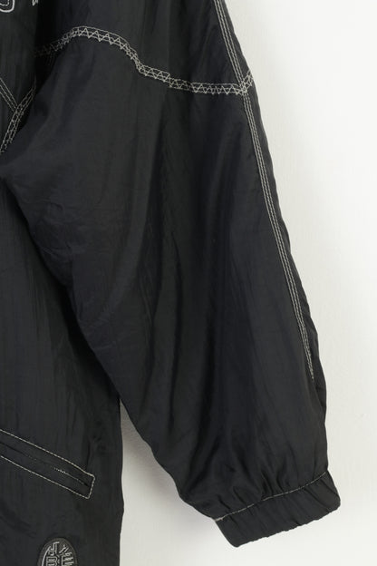 Vintage Women XL Jacket Black Shoulder Pads Full Zipper Nylon Waterproof Padded Vintage Embroidery Top
