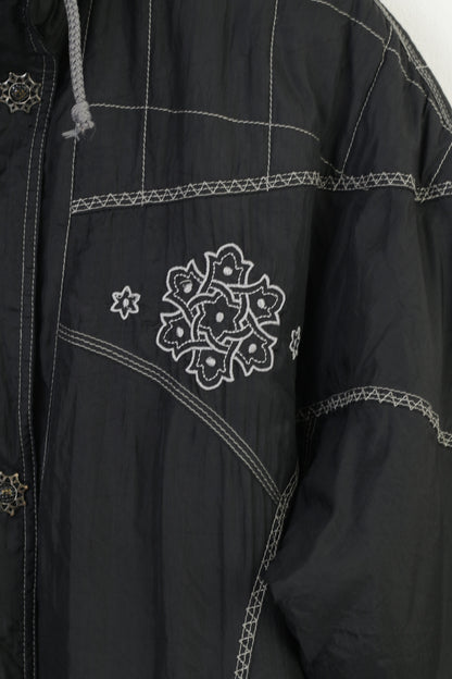 Vintage Women XL Jacket Black Shoulder Pads Full Zipper Nylon Waterproof Padded Vintage Embroidery Top