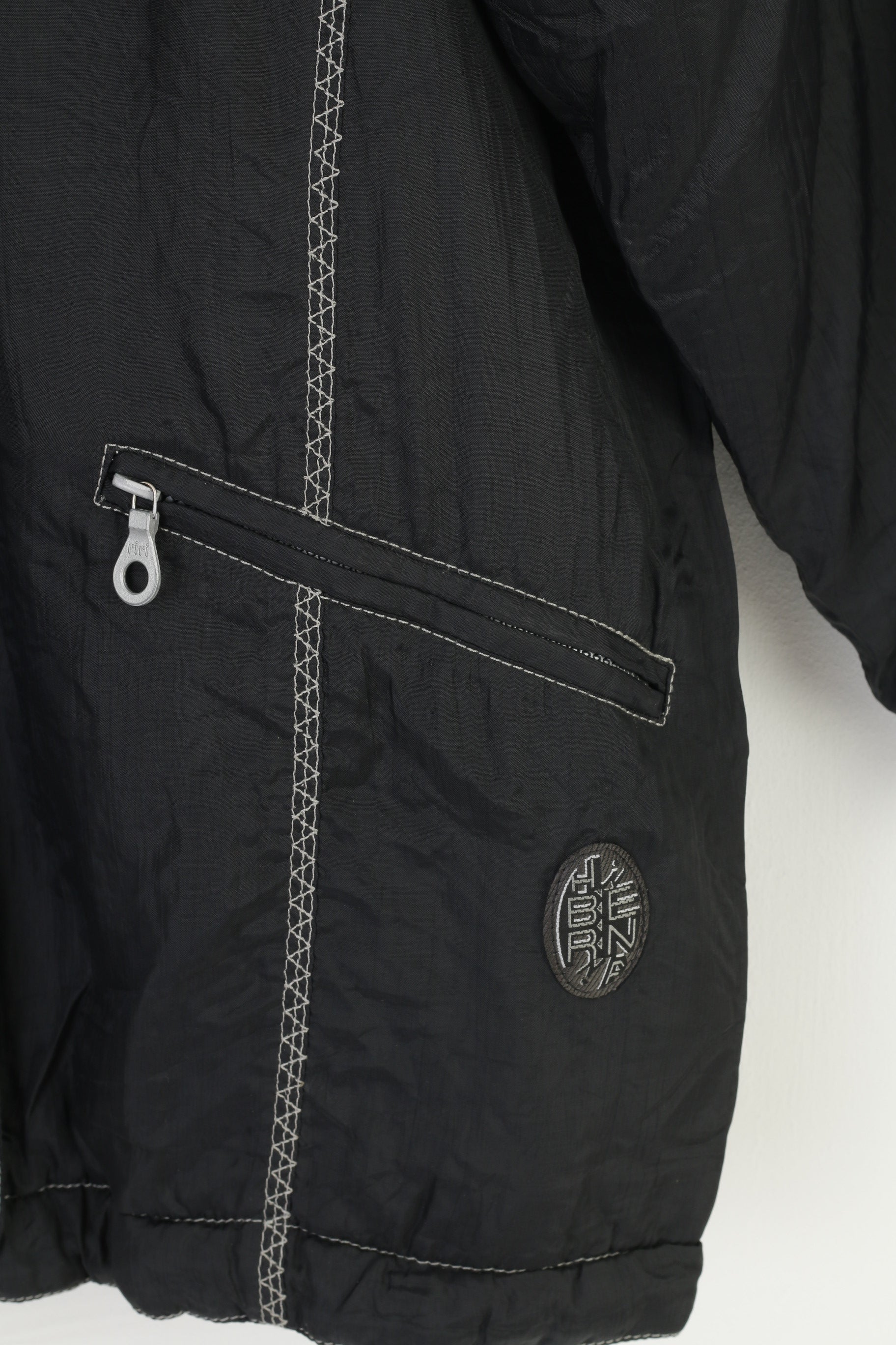 Vintage Women XL Jacket Black Shoulder Pads Full Zipper Nylon Waterproof Padded Vintage Embroidery Top