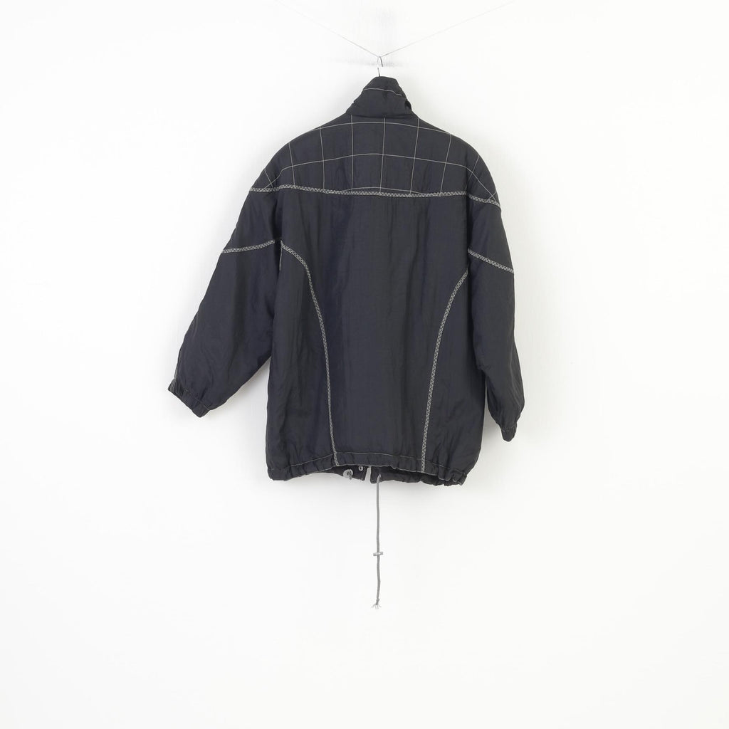 Vintage Women XL Jacket Black Shoulder Pads Full Zipper Nylon Waterproof Padded Vintage Embroidery Top