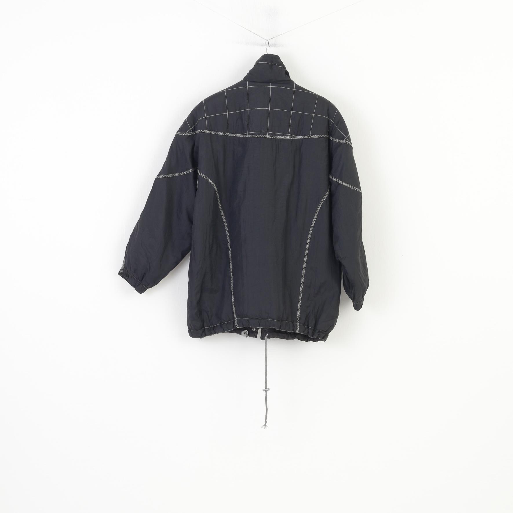 Vintage Women XL Jacket Black Shoulder Pads Full Zipper Nylon Waterproof Padded Vintage Embroidery Top