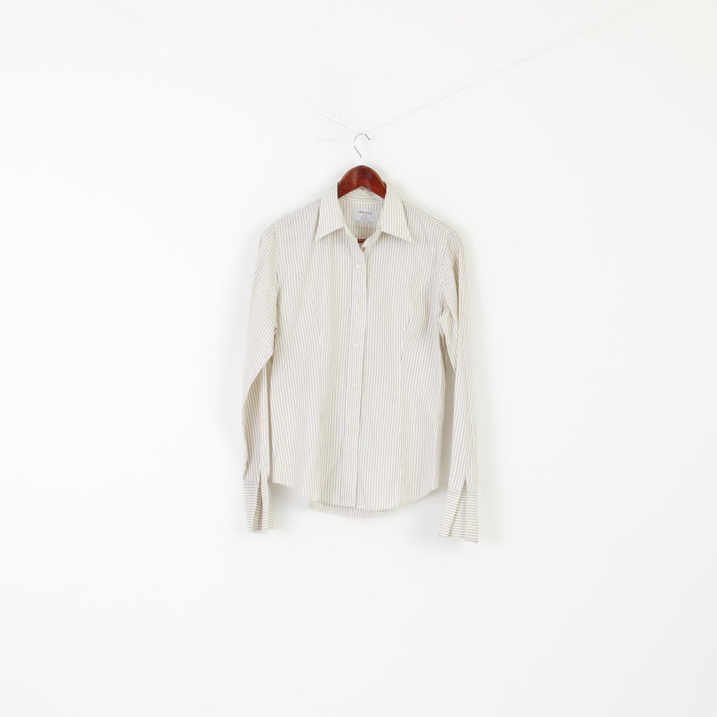 T.M. Lewin Women 14 M Casual Shirt Beige Cotton Shiny Striped Long Sleeve Top