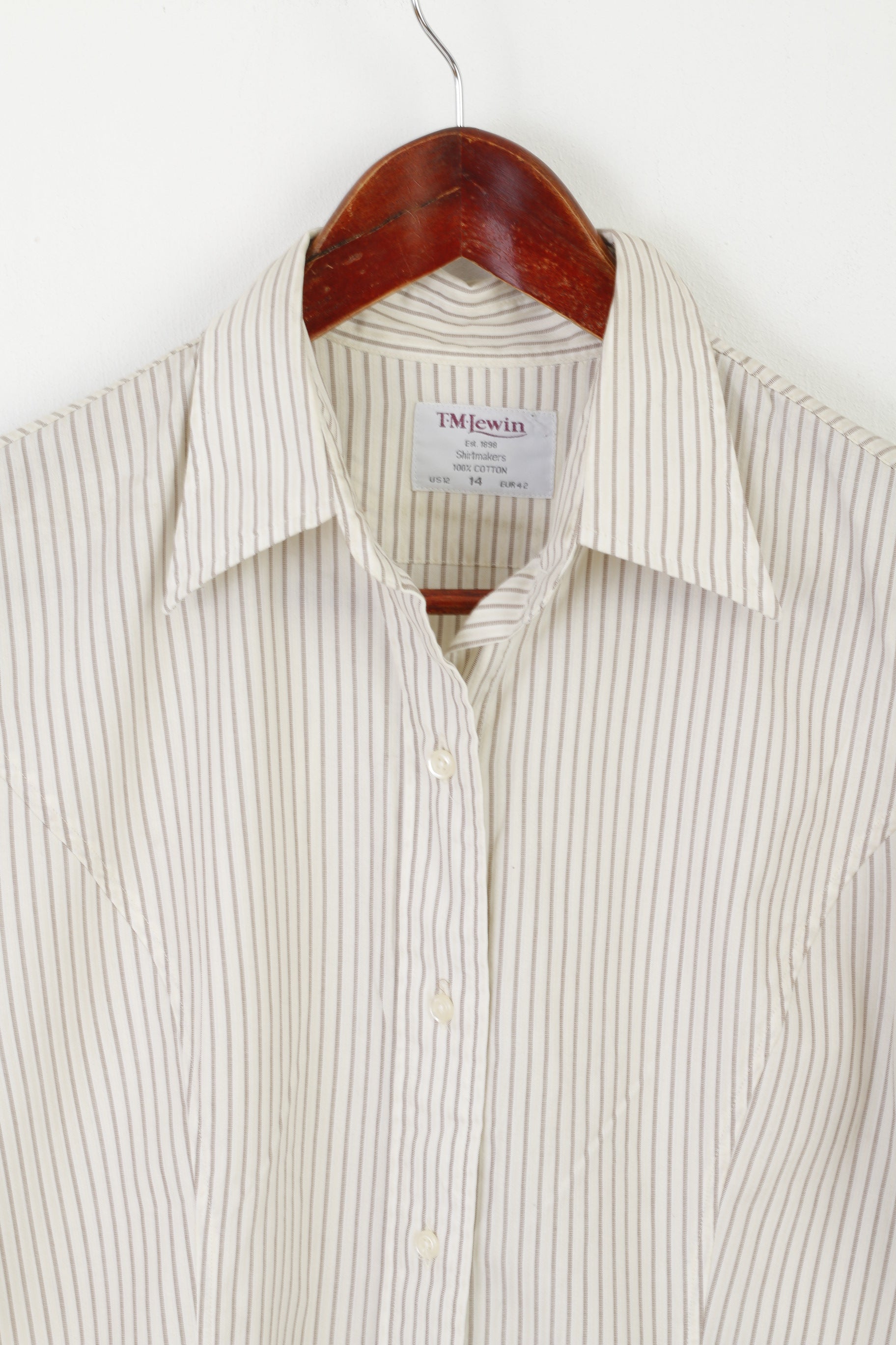 T.M. Lewin Women 14 M Casual Shirt Beige Cotton Shiny Striped Long Sleeve Top