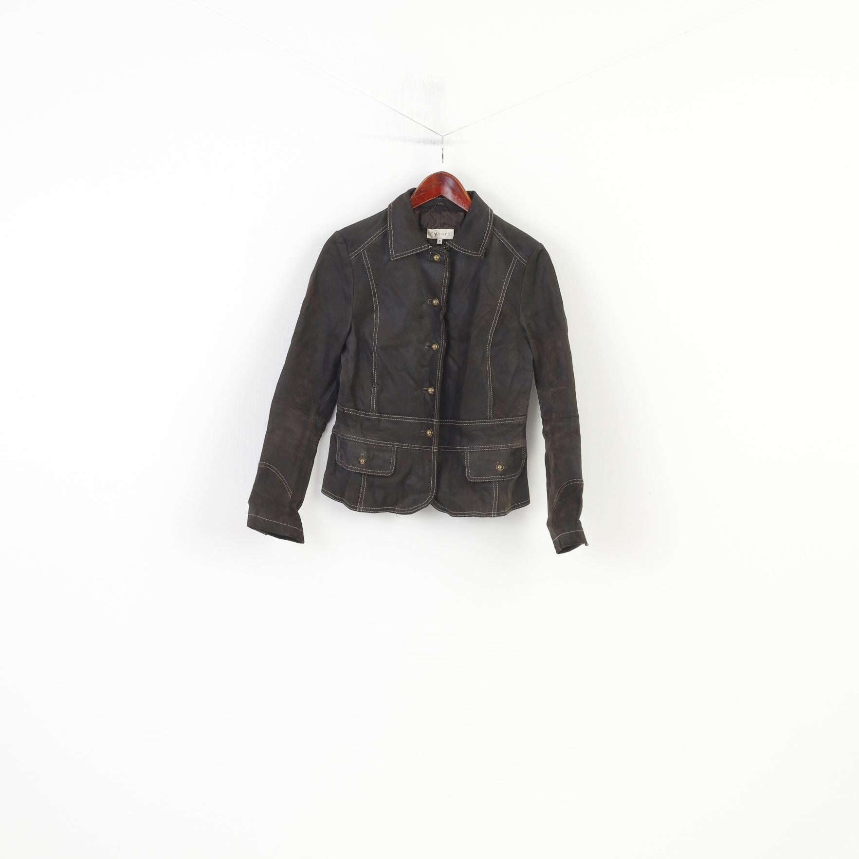 Yoors Women M Leather Jacket Gold Buttons Brown Suede Vintage Top