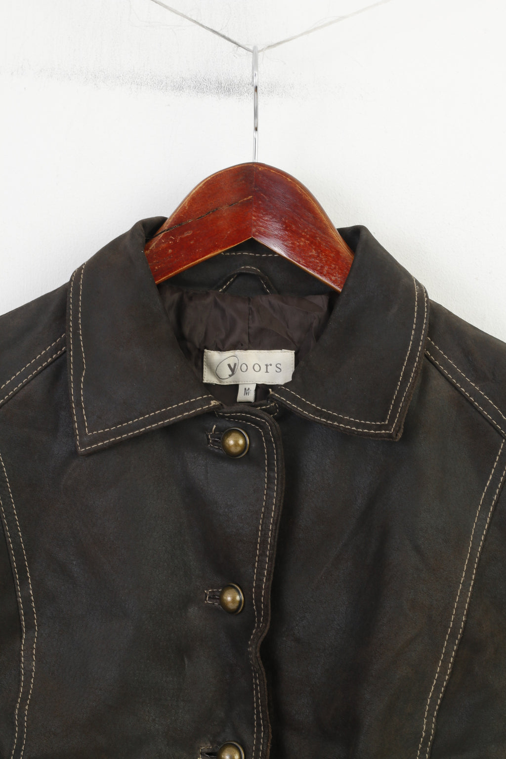 Yoors Women M Leather Jacket Gold Buttons Brown Suede Vintage Top