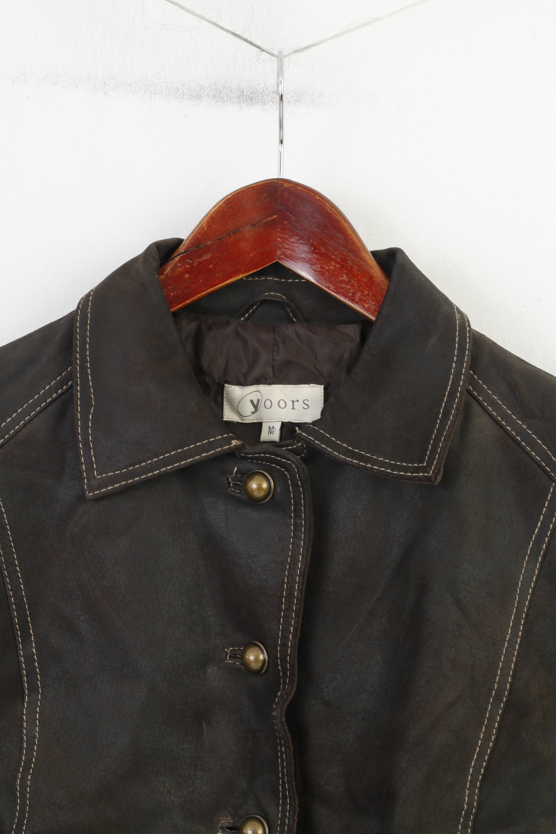 Yoors Women M Leather Jacket Gold Buttons Brown Suede Vintage Top